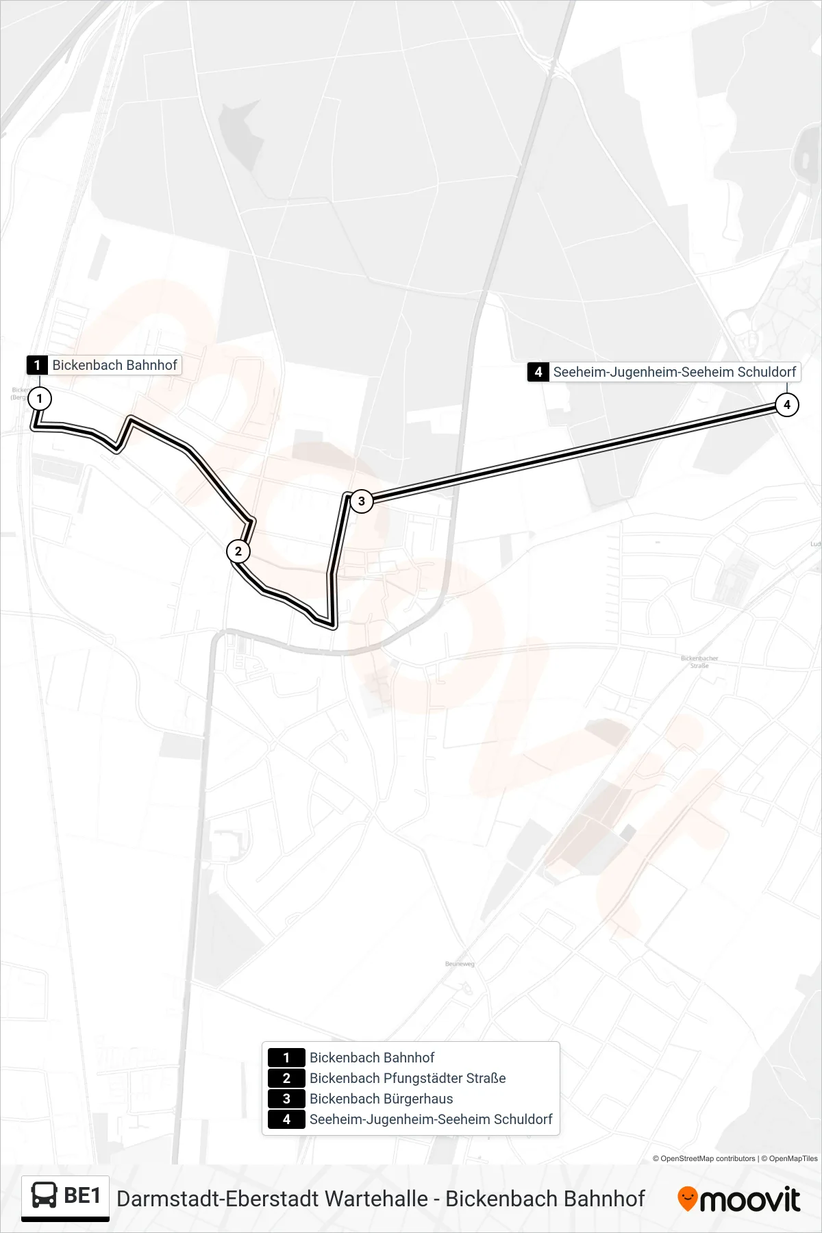 BE1 bus Line (Seeheim-Jugenheim-Seeheim Schuldorf) route and stops on a map