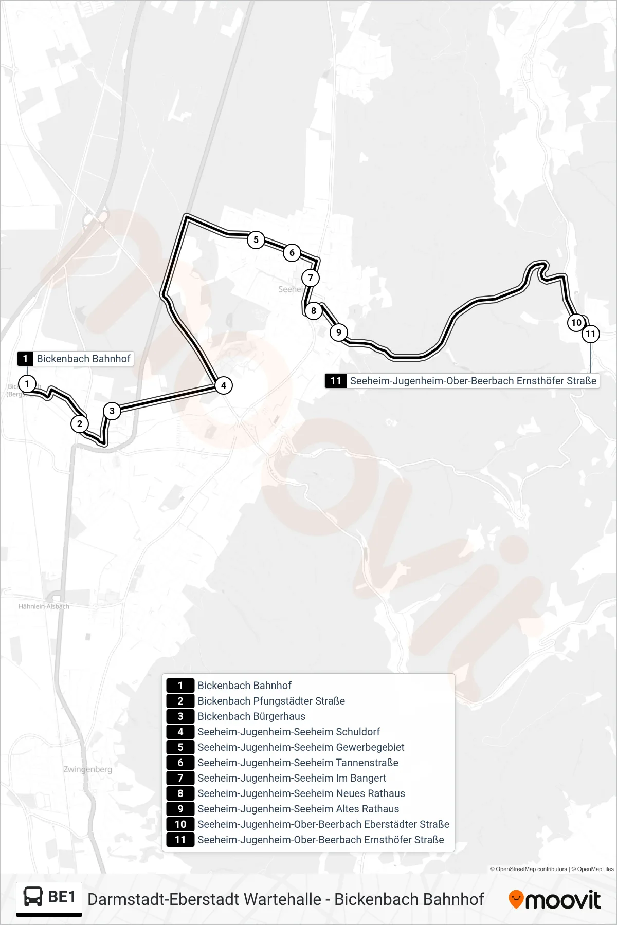 BE1 bus Line (Seeheim-Jugenheim-Ober-Beerbach Ernsthöfer Straße) route and stops on a map