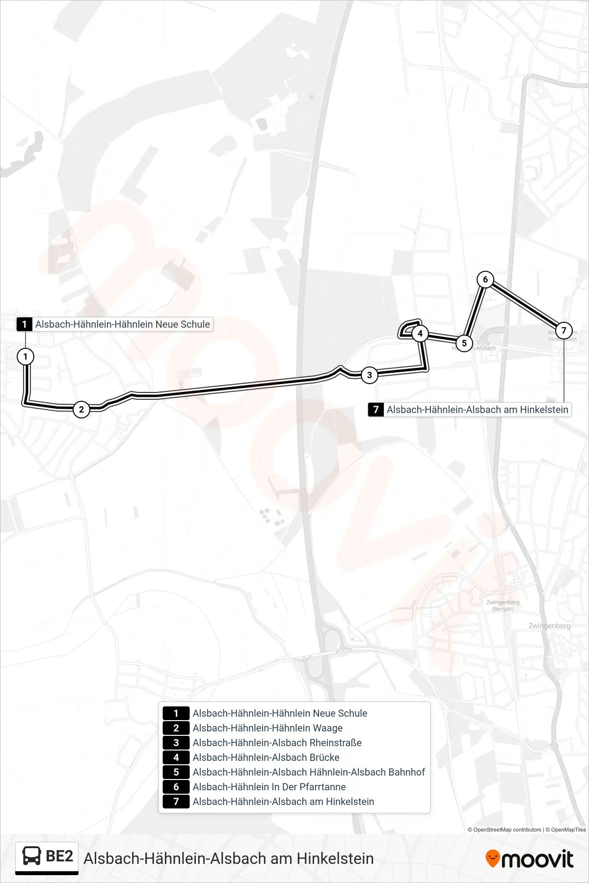 BE2 bus Line (Alsbach-Hähnlein-Alsbach am Hinkelstein) route and stops on a map
