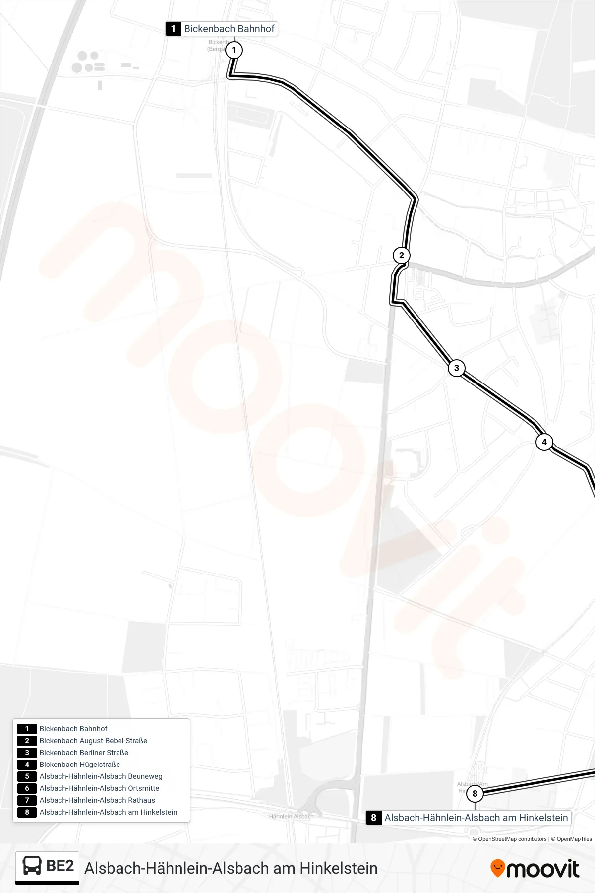 BE2 bus Line (Alsbach-Hähnlein-Alsbach am Hinkelstein) route and stops on a map