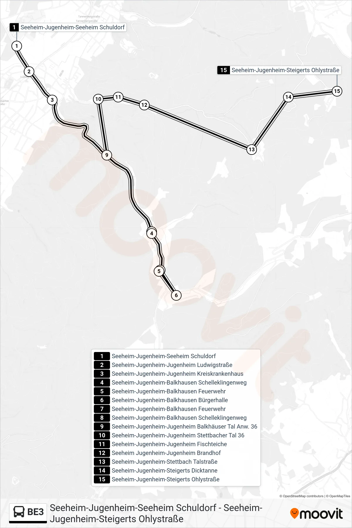 BE3 bus Line (Seeheim-Jugenheim-Steigerts Ohlystraße) route and stops on a map