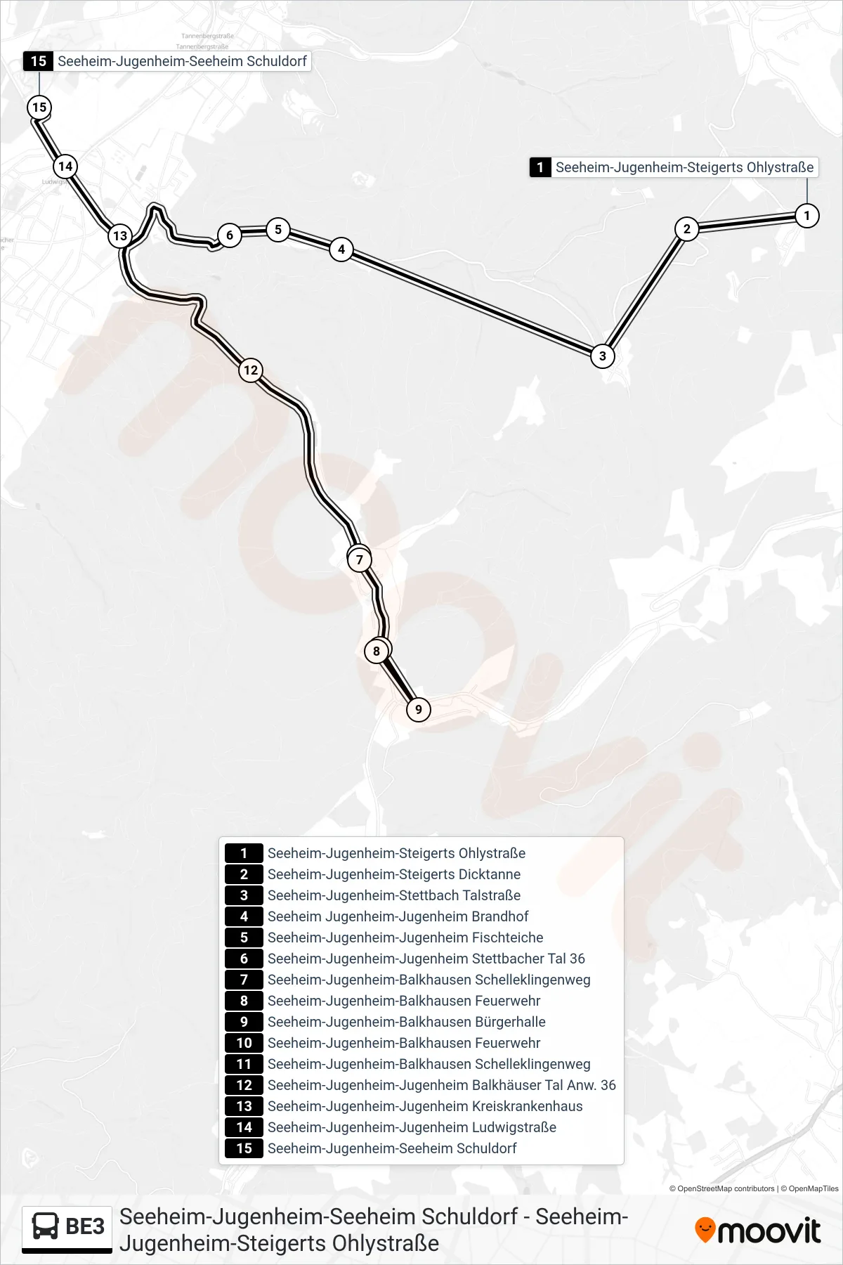 Linie BE3 (Bus) Richtung Seeheim-Jugenheim-Seeheim Schuldorf: Route und Haltestellen auf der Karte