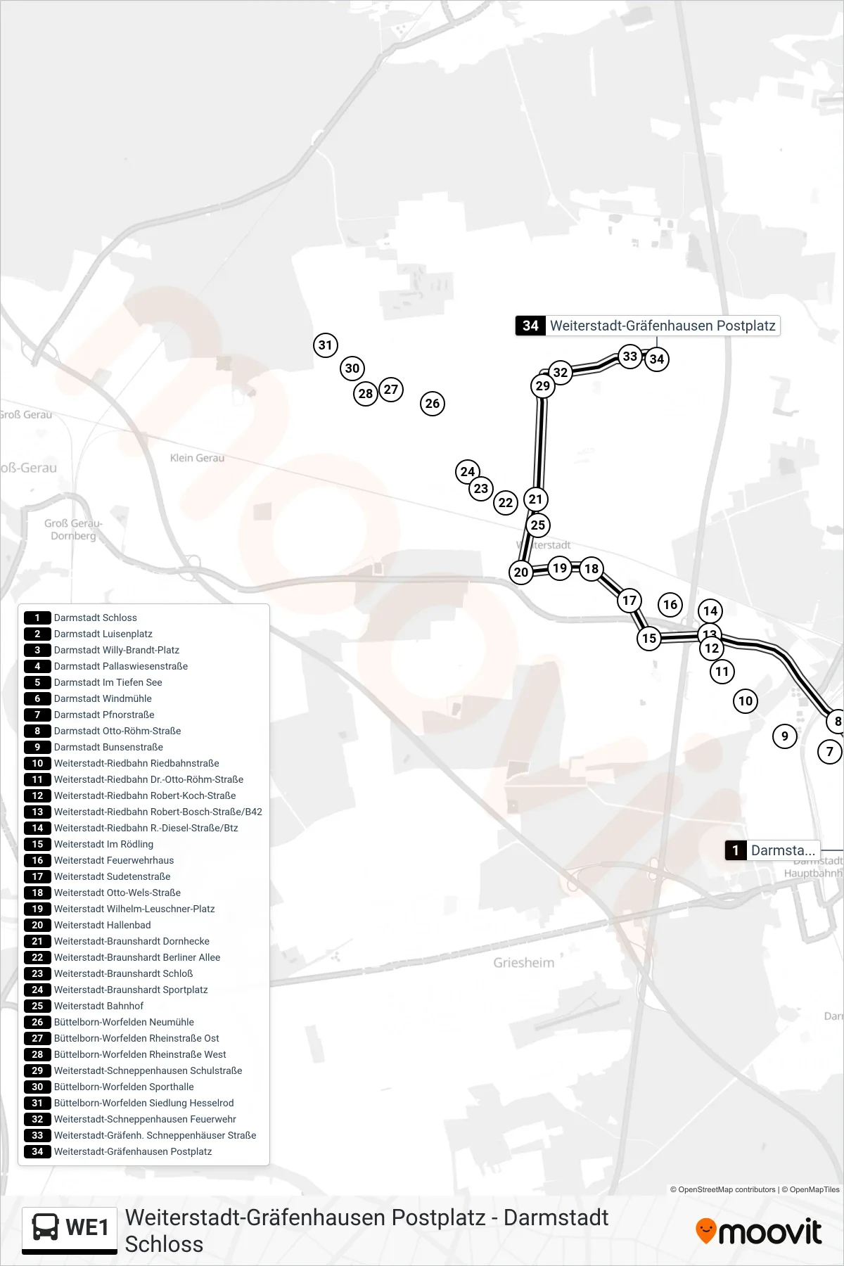 WE1 bus Line (Weiterstadt-Gräfenhausen Postplatz) route and stops on a map