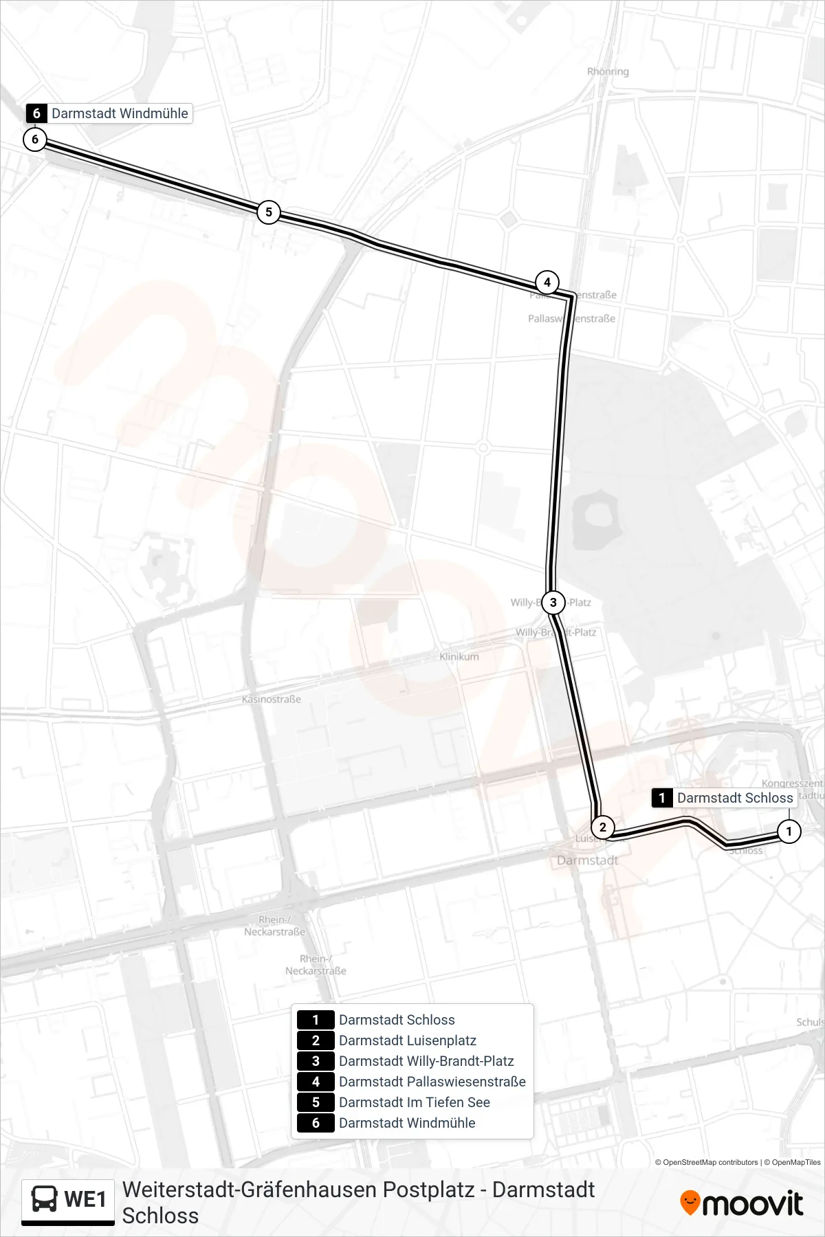 Linie WE1 (Bus) Richtung Darmstadt Windmühle: Route und Haltestellen auf der Karte