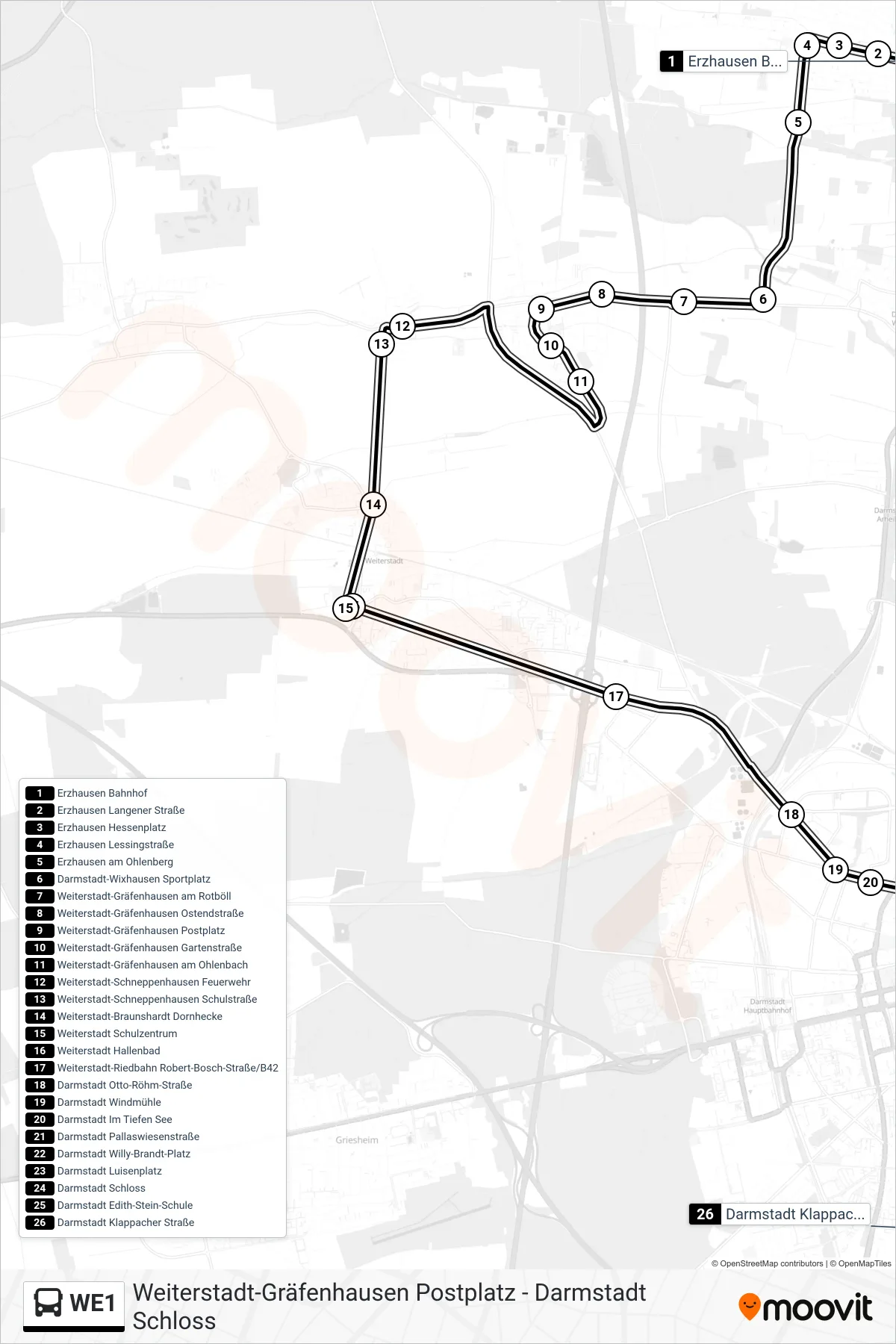 WE1 bus Line (Darmstadt Klappacher Straße) route and stops on a map