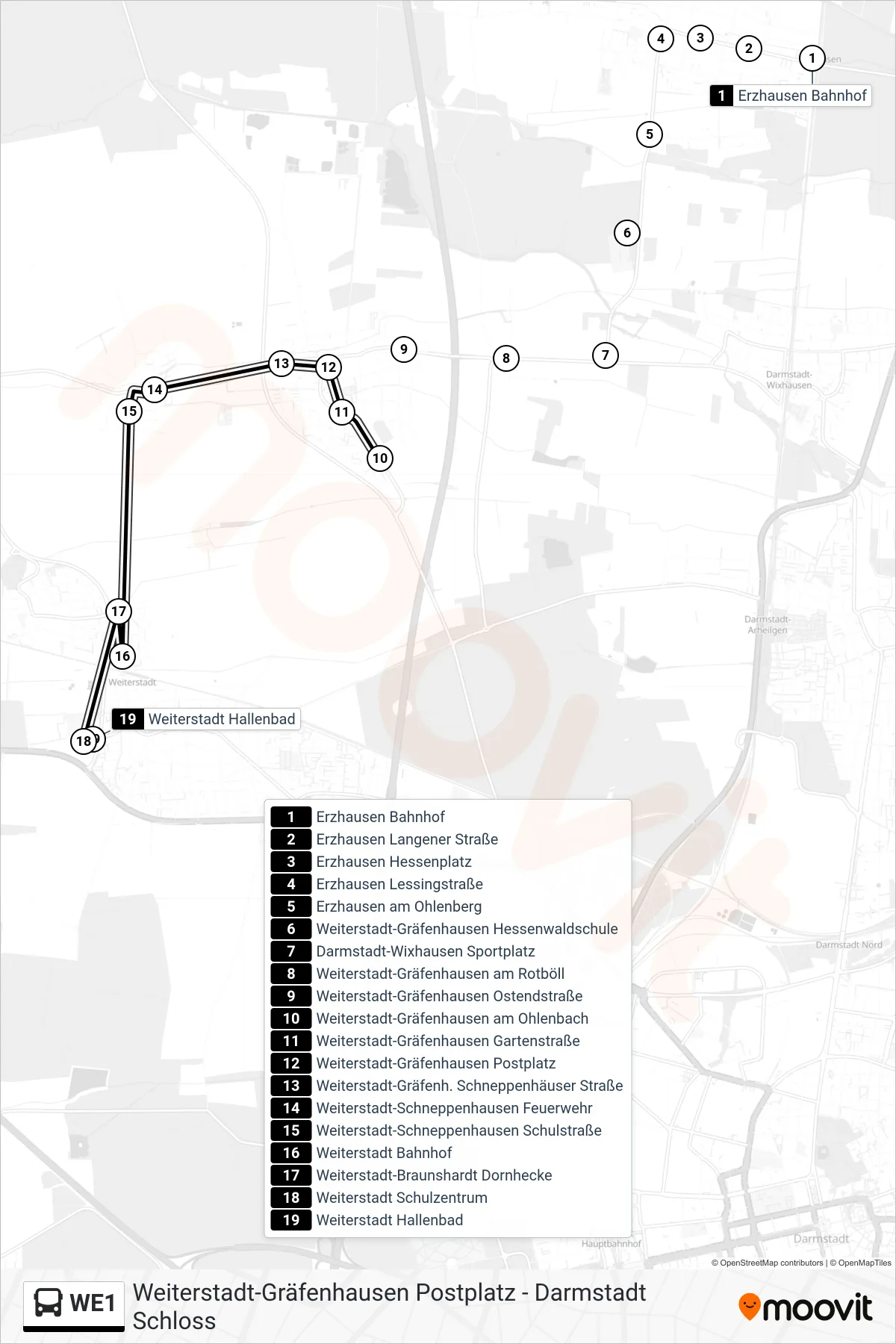 WE1 bus Line (Weiterstadt Hallenbad) route and stops on a map