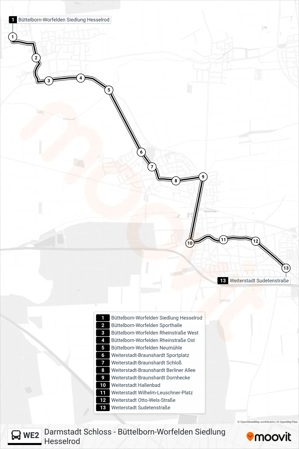 Linie WE2 (Bus) Richtung Weiterstadt Sudetenstraße: Route und Haltestellen auf der Karte