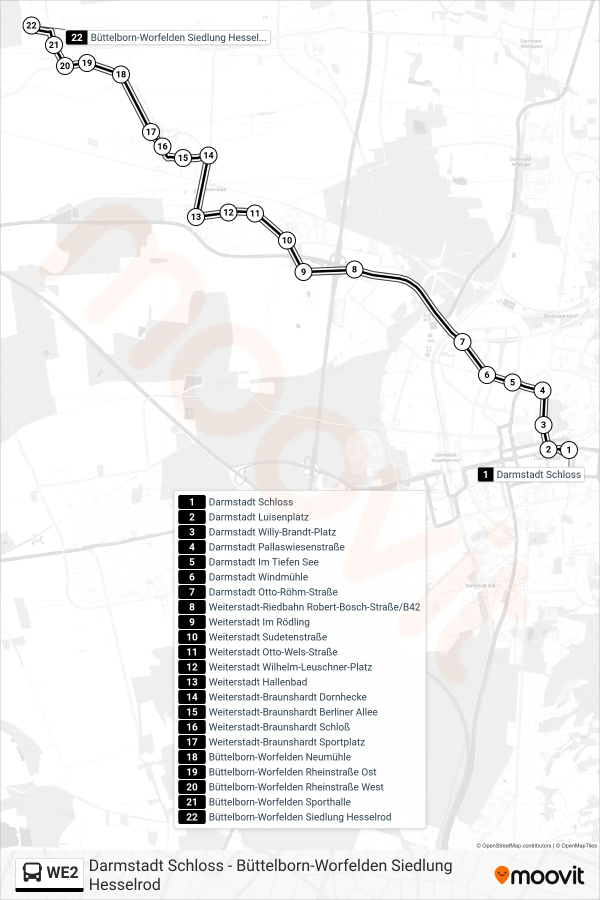 WE2 bus Line (Büttelborn-Worfelden Siedlung Hesselrod) route and stops on a map
