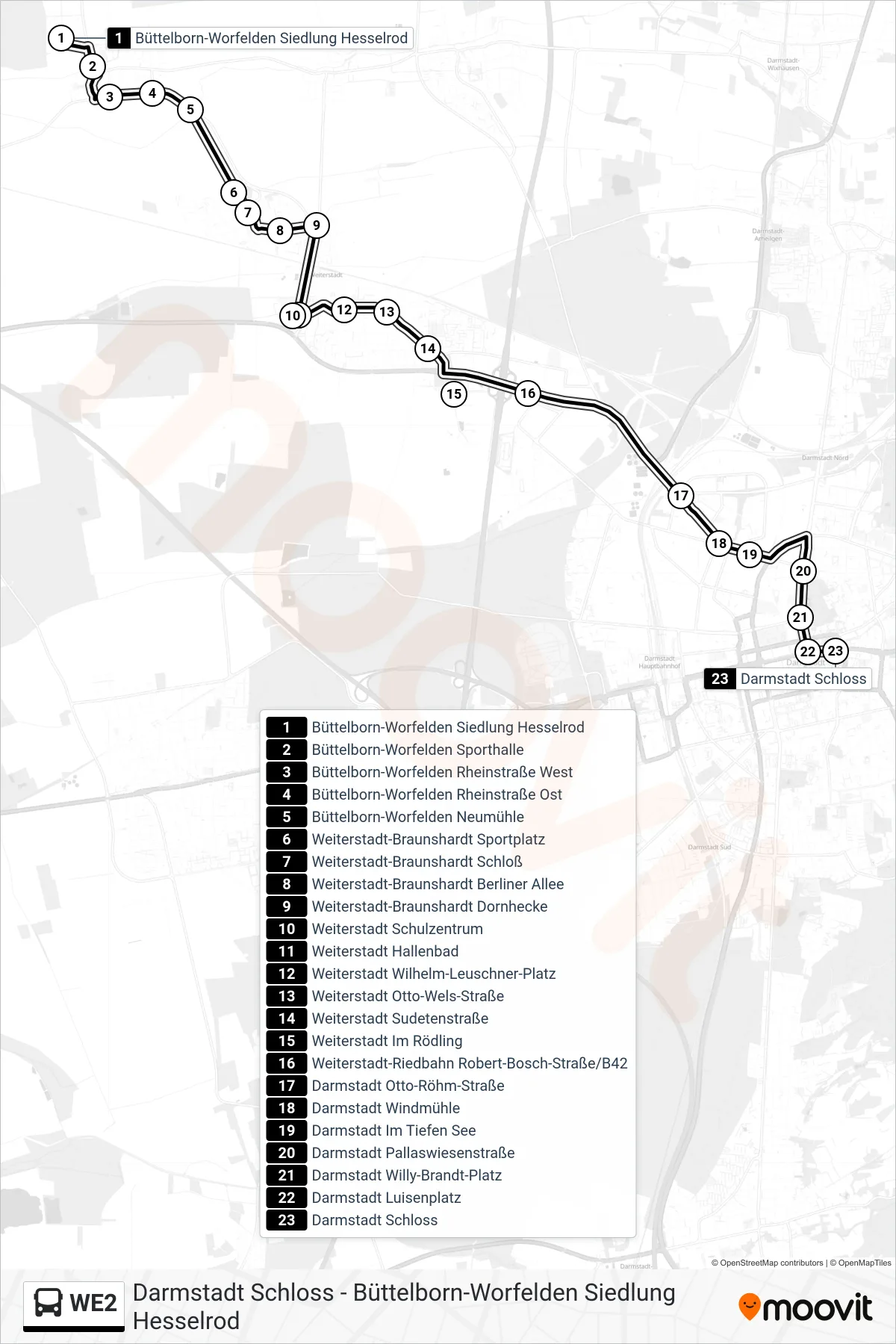 WE2 bus Line (Darmstadt Schloss) route and stops on a map