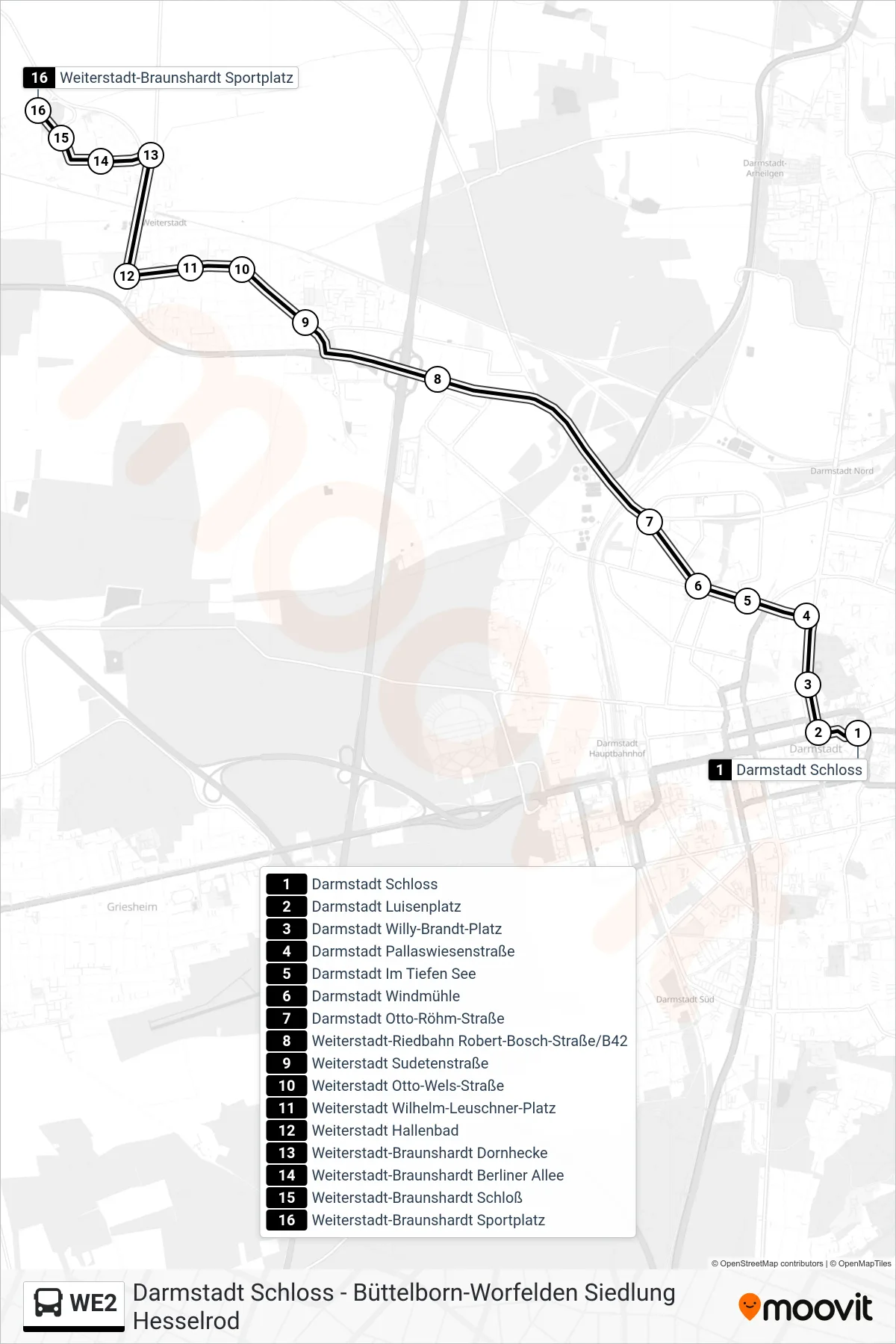 WE2 bus Line (Weiterstadt-Braunshardt Sportplatz) route and stops on a map