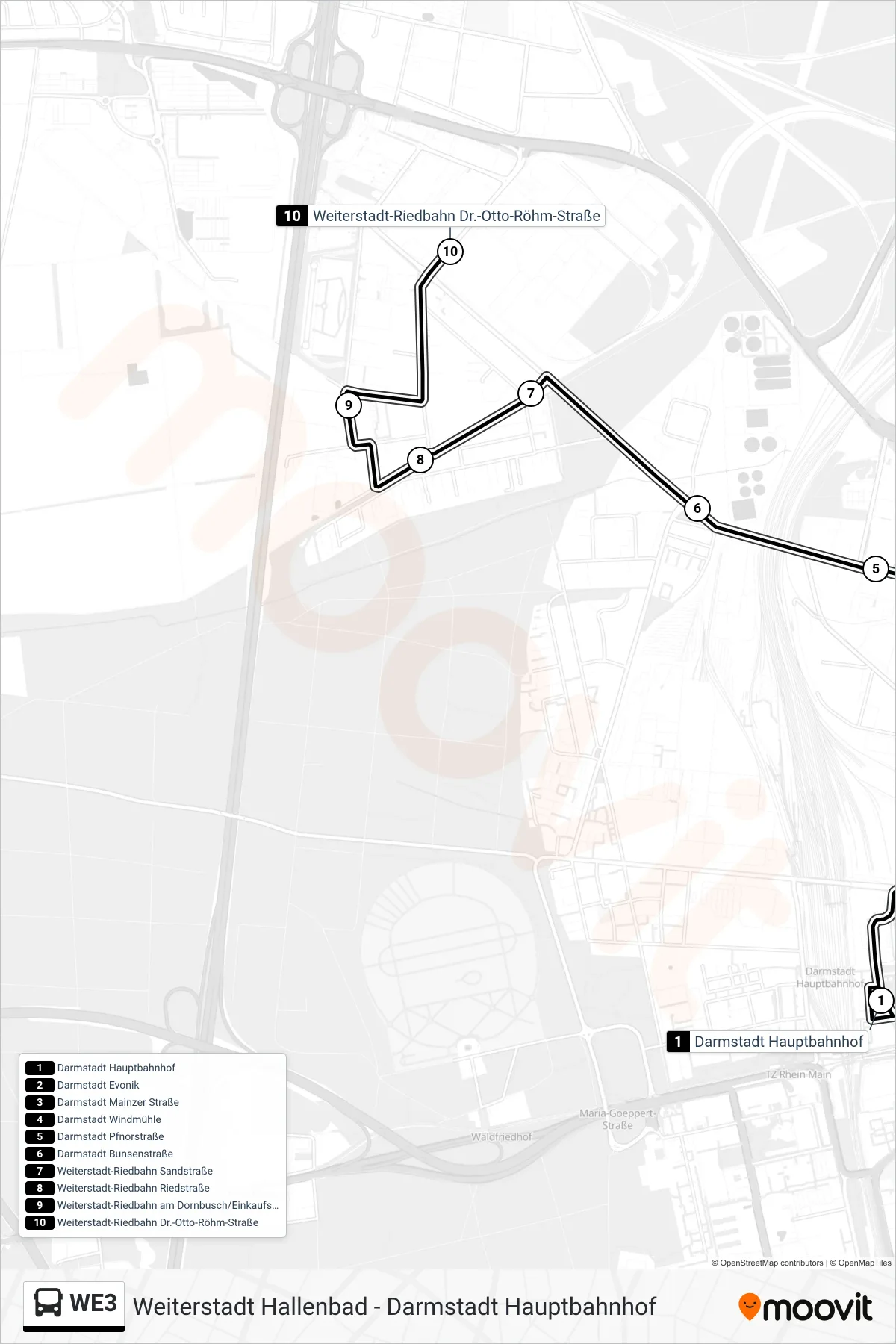Linie WE3 (Bus) Richtung Weiterstadt-Riedbahn Dr.-Otto-Röhm-Straße: Route und Haltestellen auf der Karte
