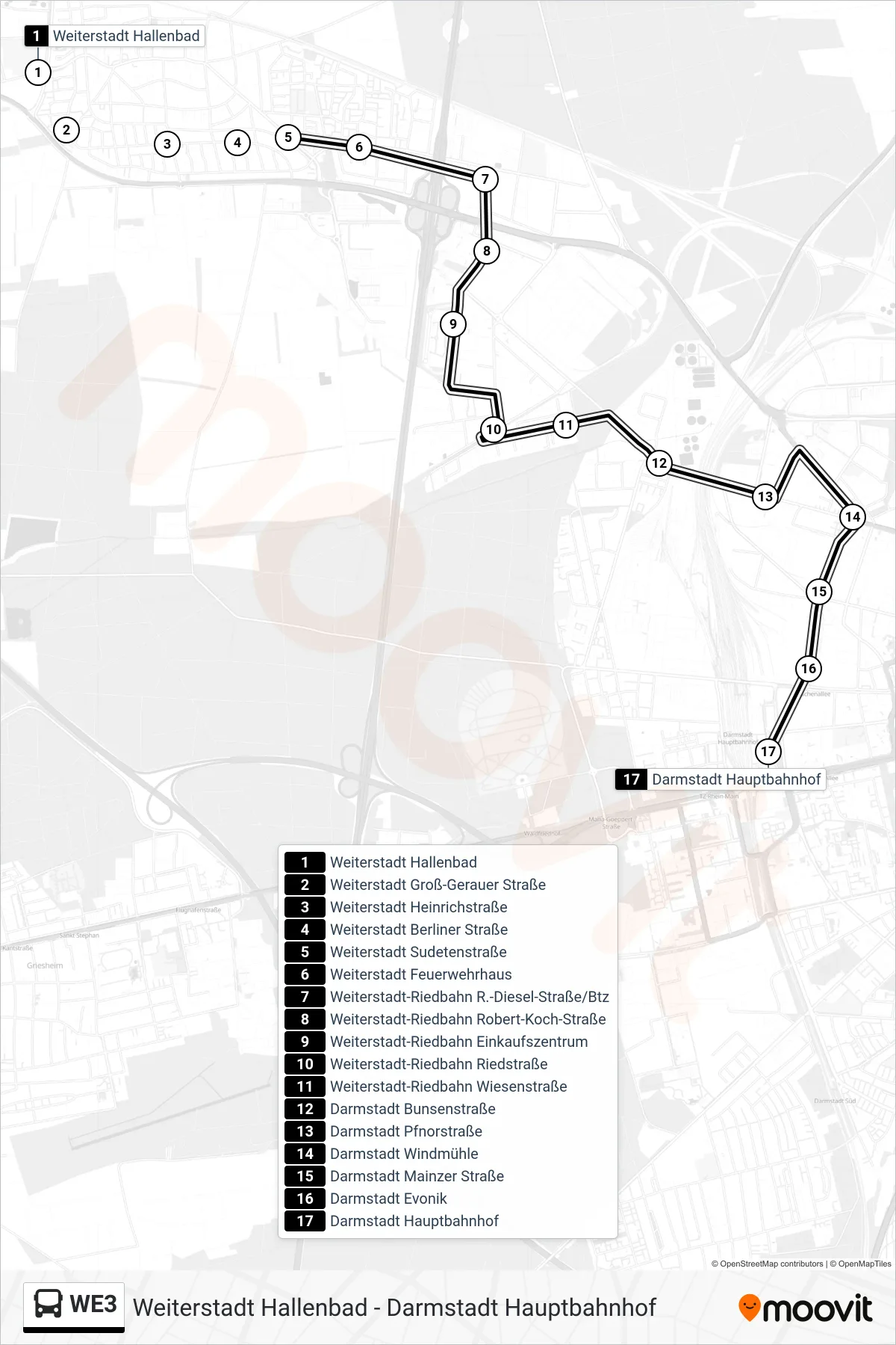 WE3 bus Line (Darmstadt Hauptbahnhof) route and stops on a map