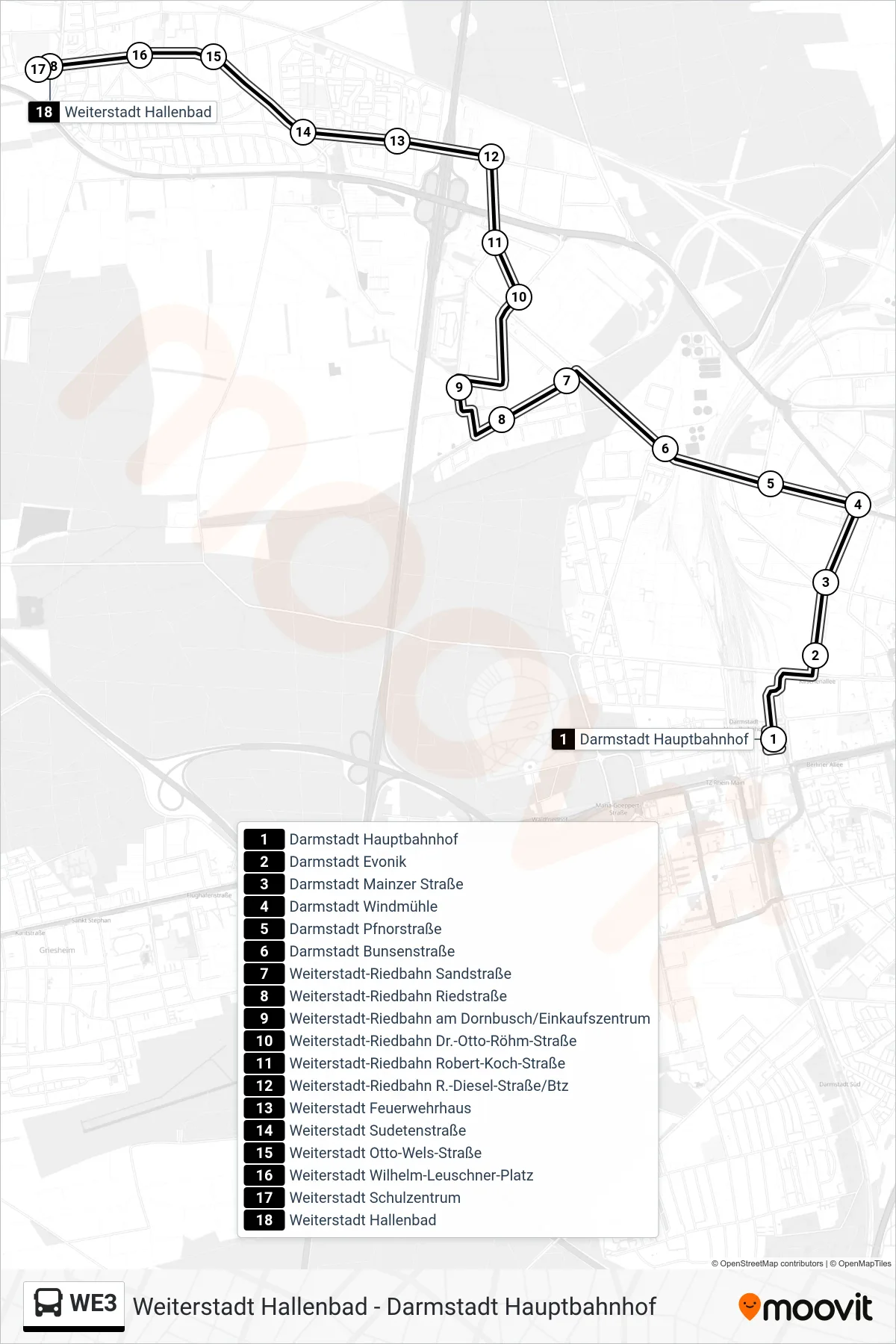 WE3 bus Line (Weiterstadt Hallenbad) route and stops on a map