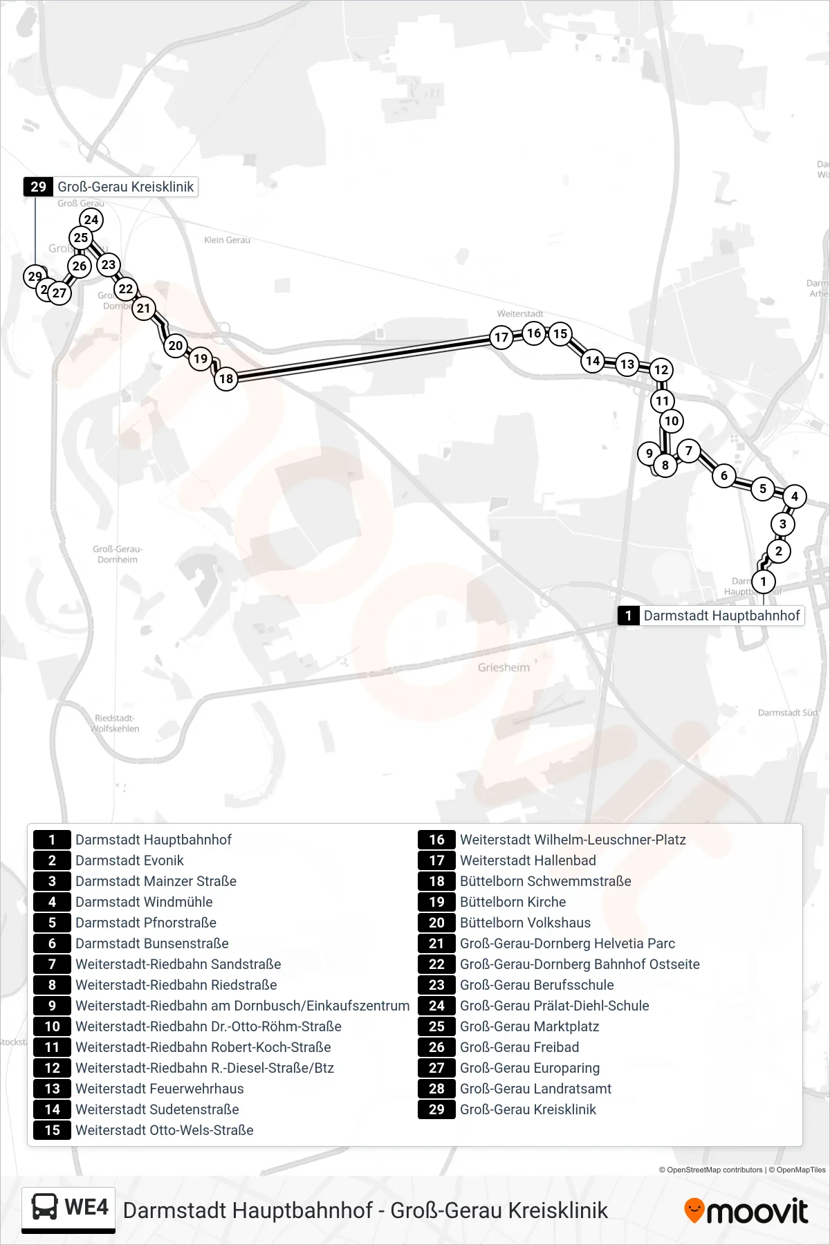 Linie WE4 (Bus) Richtung Groß-Gerau Kreisklinik: Route und Haltestellen auf der Karte