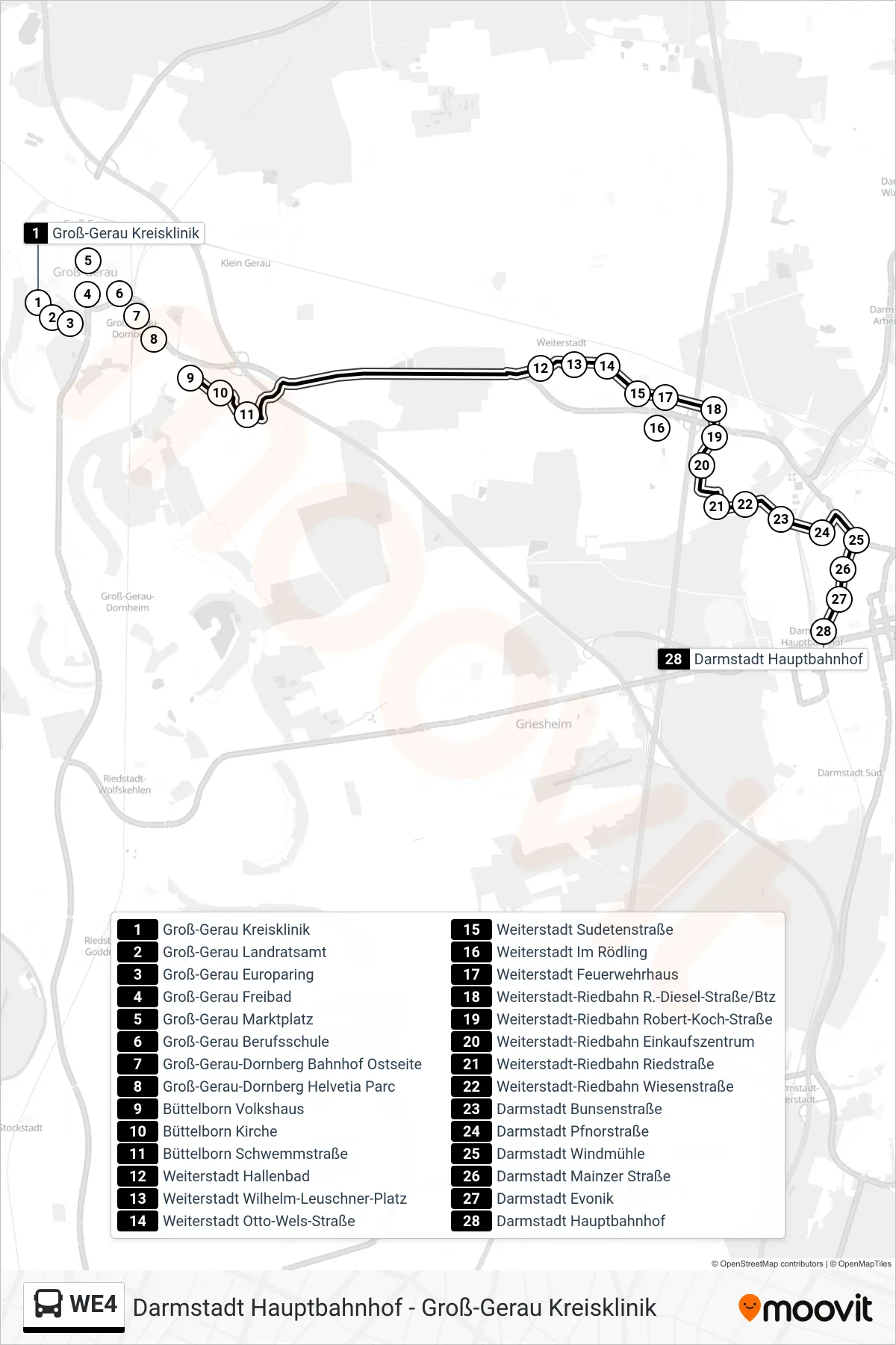 WE4 bus Line (Darmstadt Hauptbahnhof) route and stops on a map