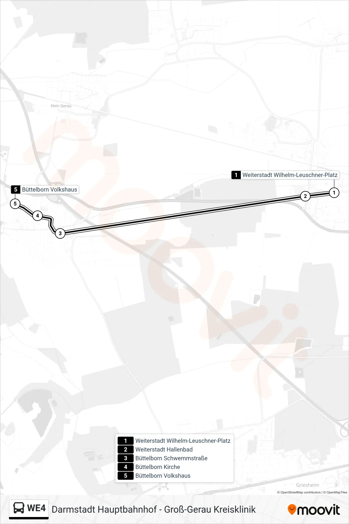 WE4 bus Line (Büttelborn Volkshaus) route and stops on a map