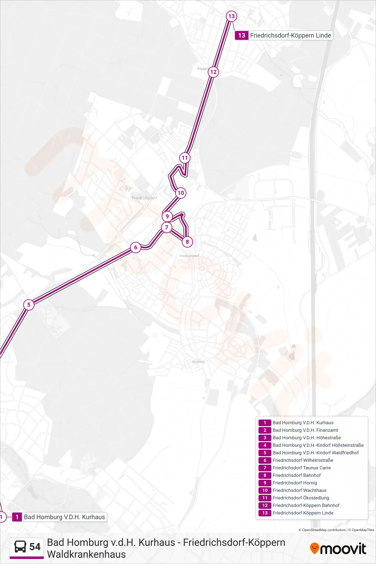 54 bus Line (Friedrichsdorf-Köppern Linde) route and stops on a map