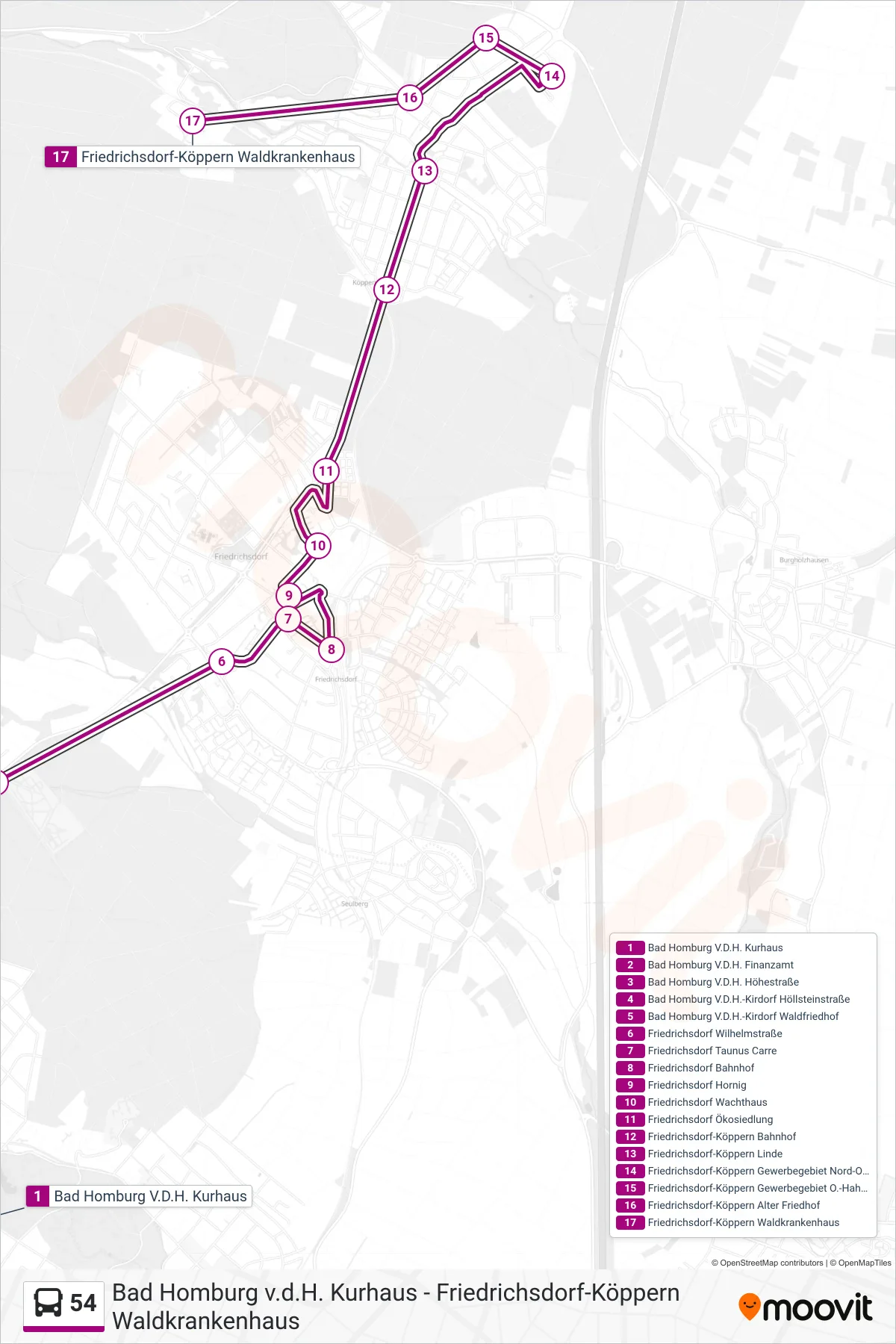 54 bus Line (Friedrichsdorf-Köppern Waldkrankenhaus) route and stops on a map