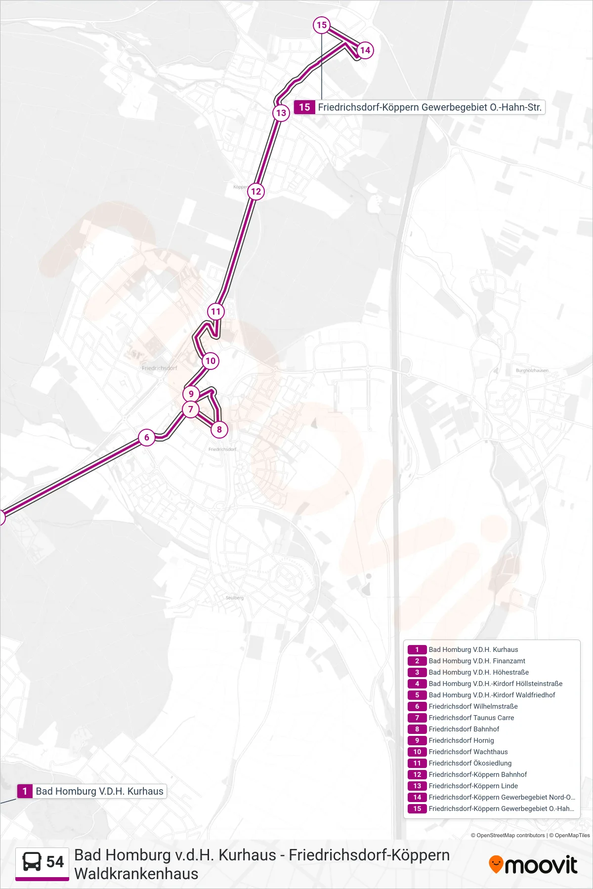 54 bus Line (Friedrichsdorf-Köppern Gewerbegebiet O.-Hahn-Str.) route and stops on a map