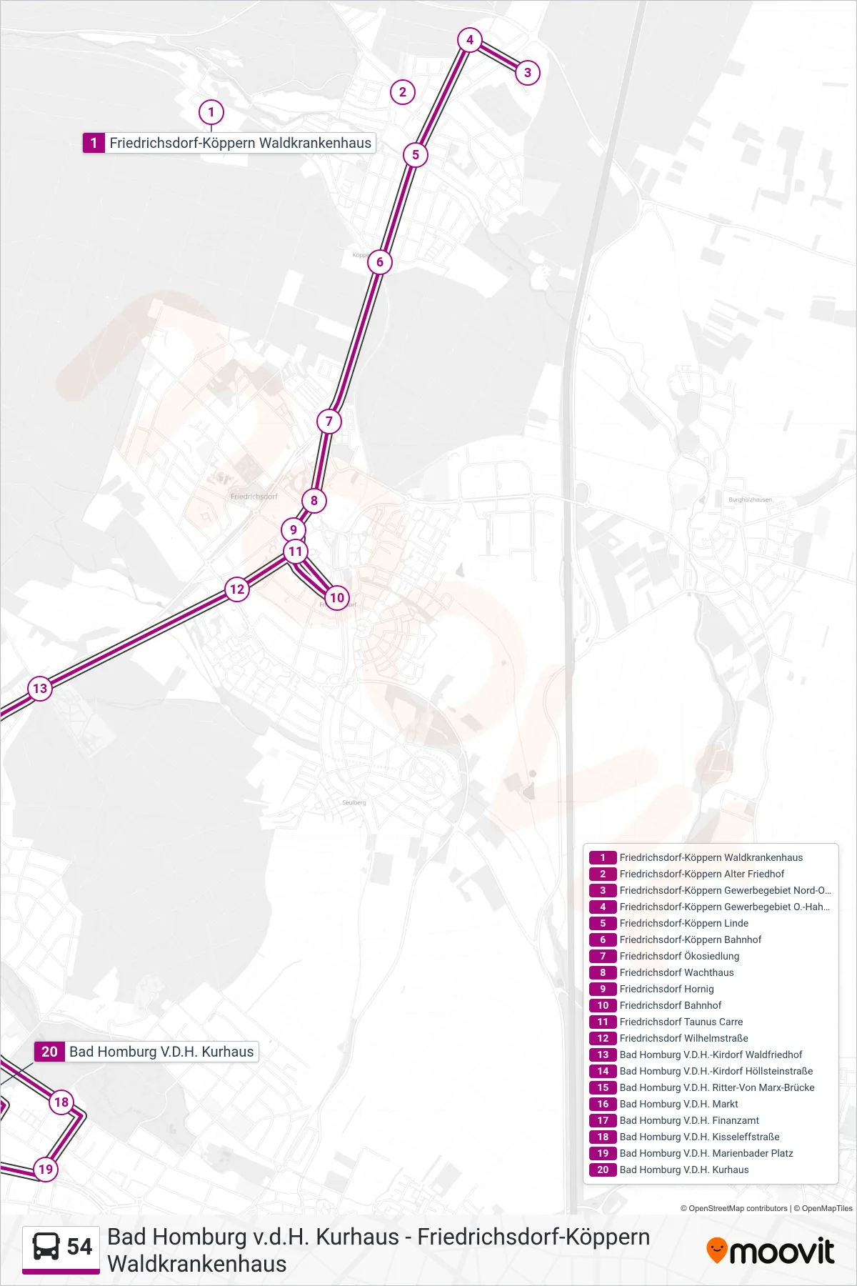54 bus Line (Bad Homburg V.D.H. Kurhaus) route and stops on a map
