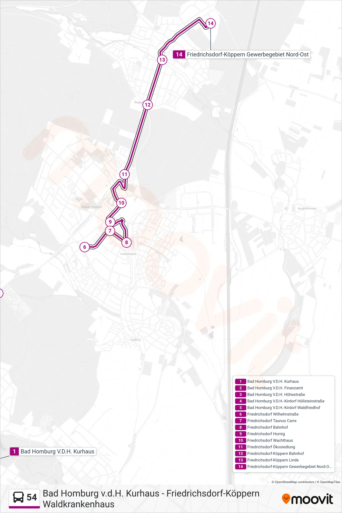 54 bus Line (Friedrichsdorf-Köppern Gewerbegebiet Nord-Ost) route and stops on a map