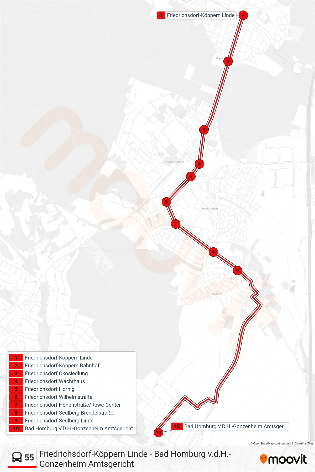 Linie 55 (Bus) Richtung Bad Homburg V.D.H.-Gonzenheim Amtsgericht: Route und Haltestellen auf der Karte