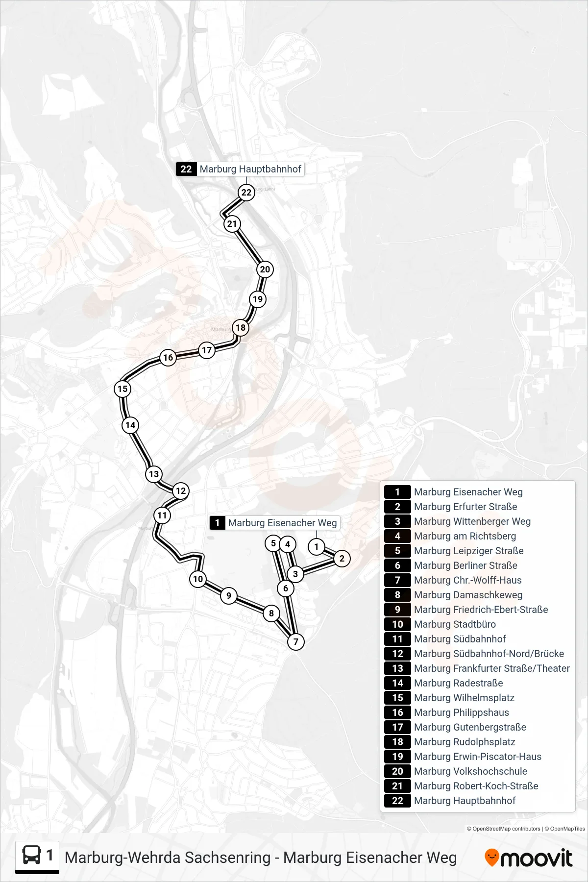 1 bus Line (Hauptbahnhof) route and stops on a map