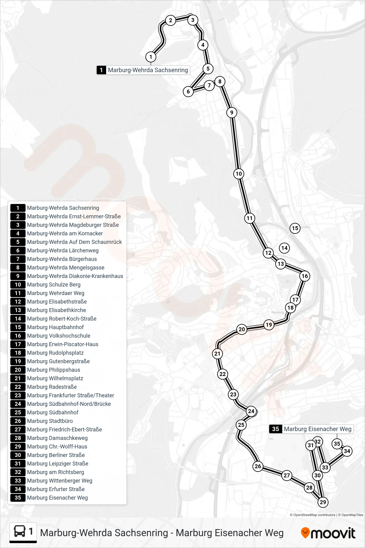 1 bus Line (Richtsberg Eisenacher Weg) route and stops on a map