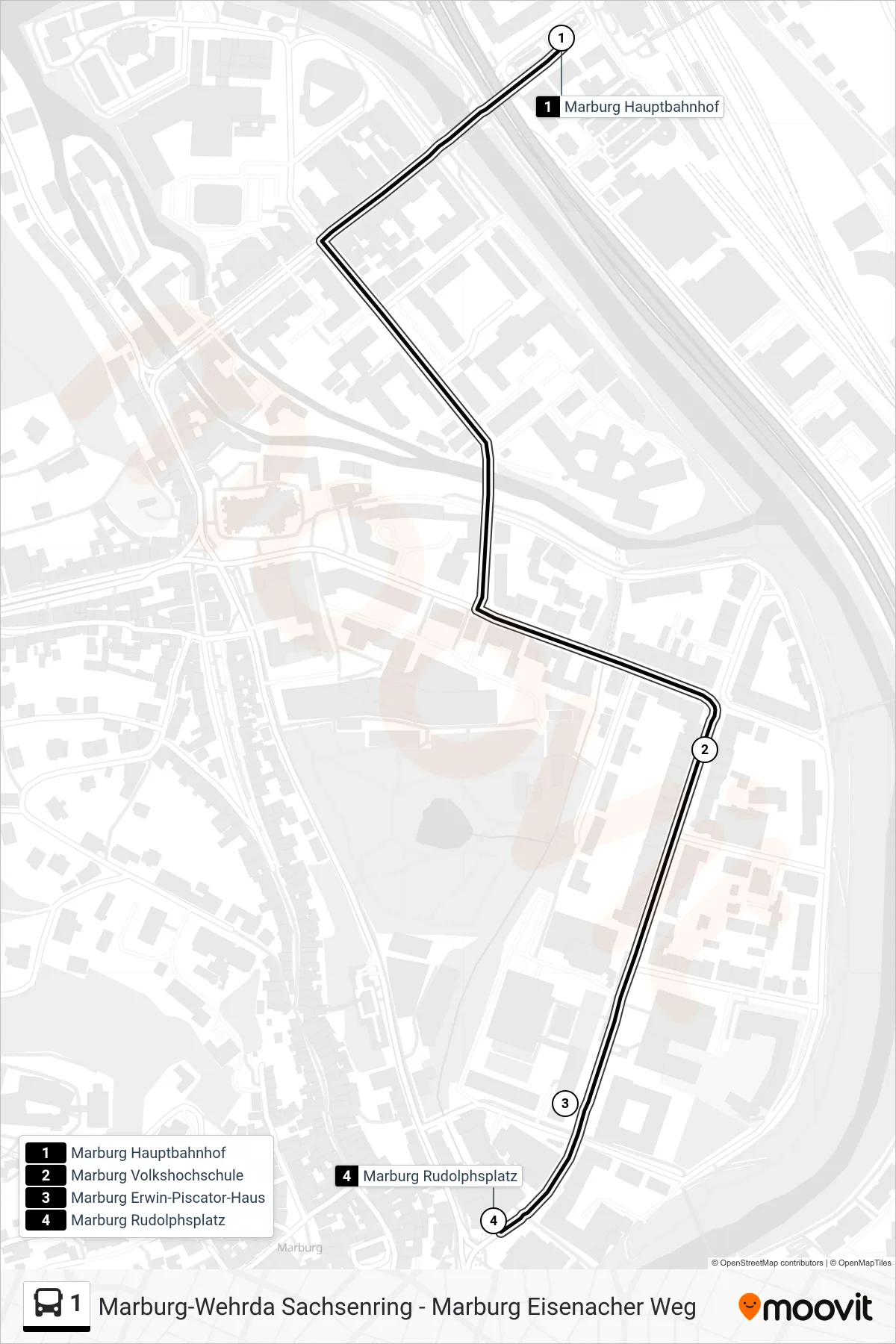 1 bus Line (Rudolphsplatz) route and stops on a map