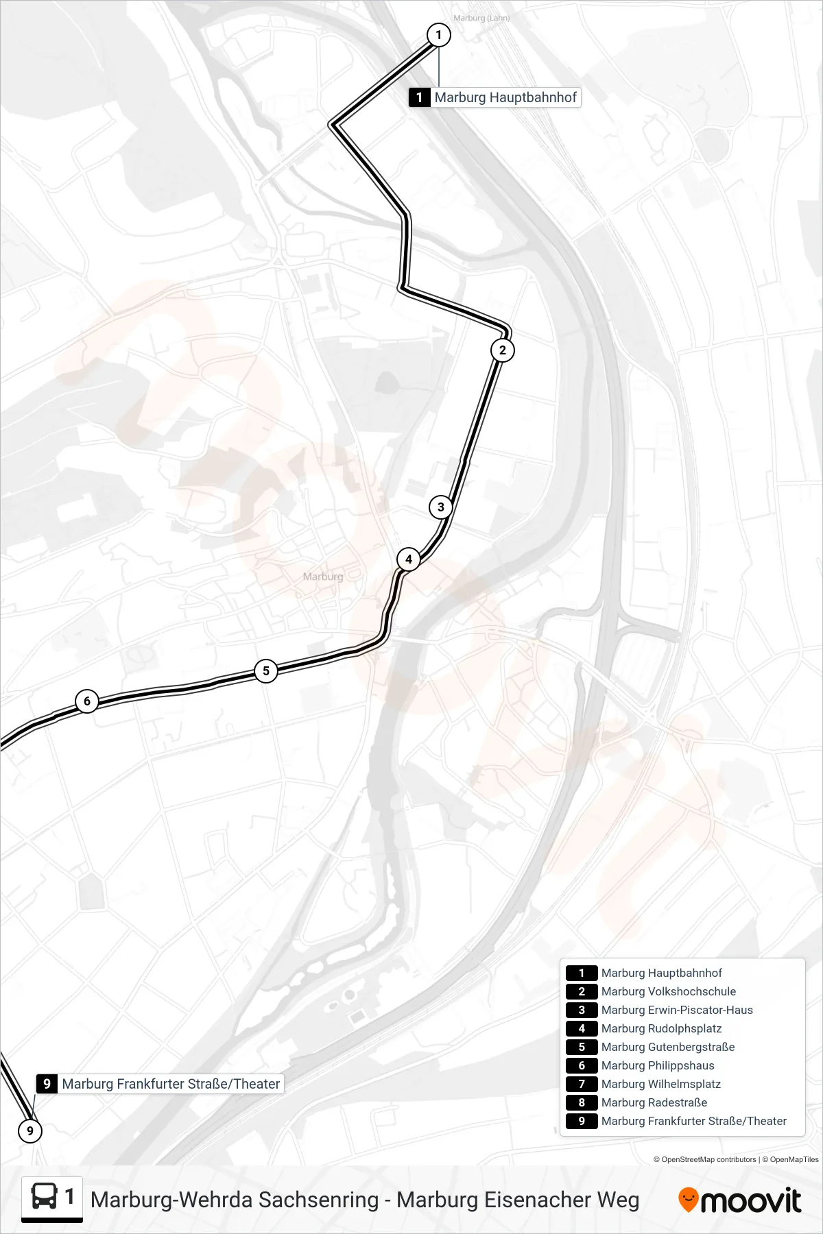 1 bus Line (Frankfurter Straße / Theater) route and stops on a map