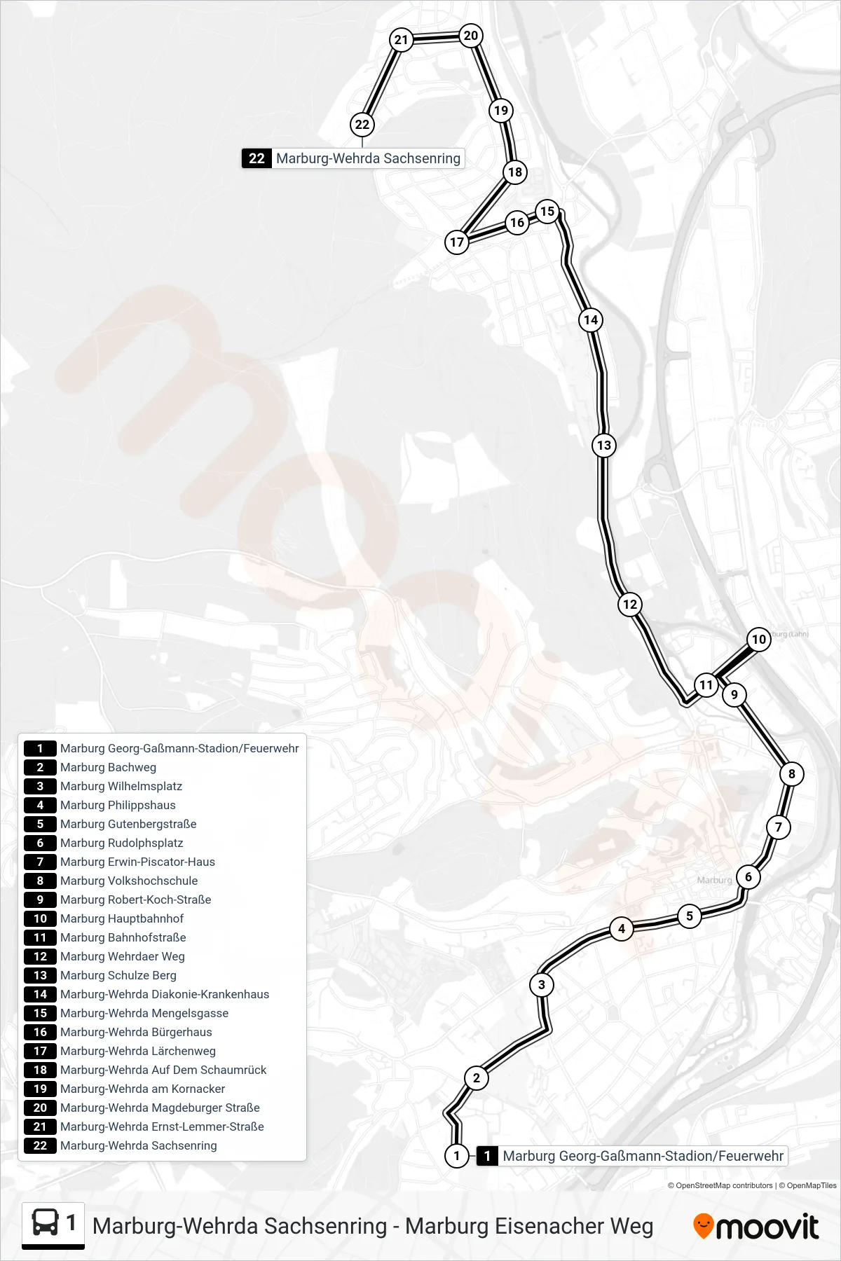 1 bus Line (Wehrda Sachsenring) route and stops on a map