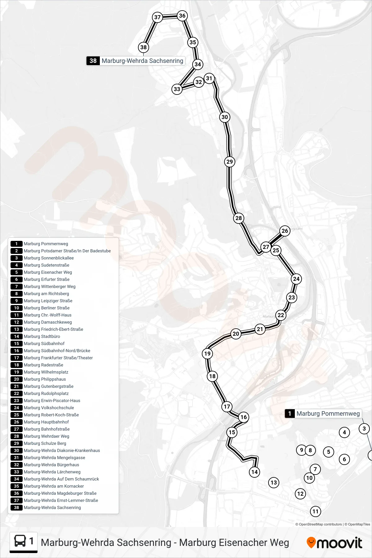 Linie 1 (Bus) Richtung Marburg-Wehrda Sachsenring: Route und Haltestellen auf der Karte