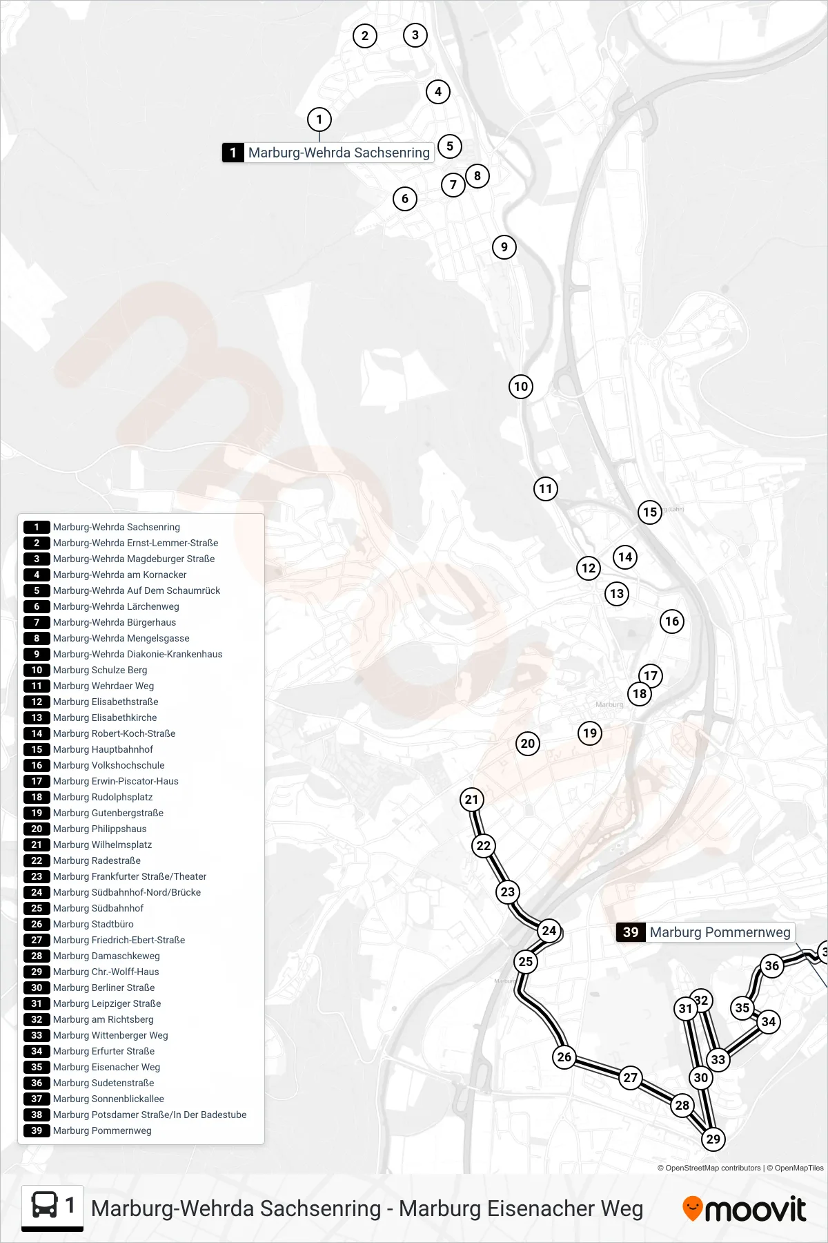 1 bus Line (Richtsberg Pommernweg) route and stops on a map