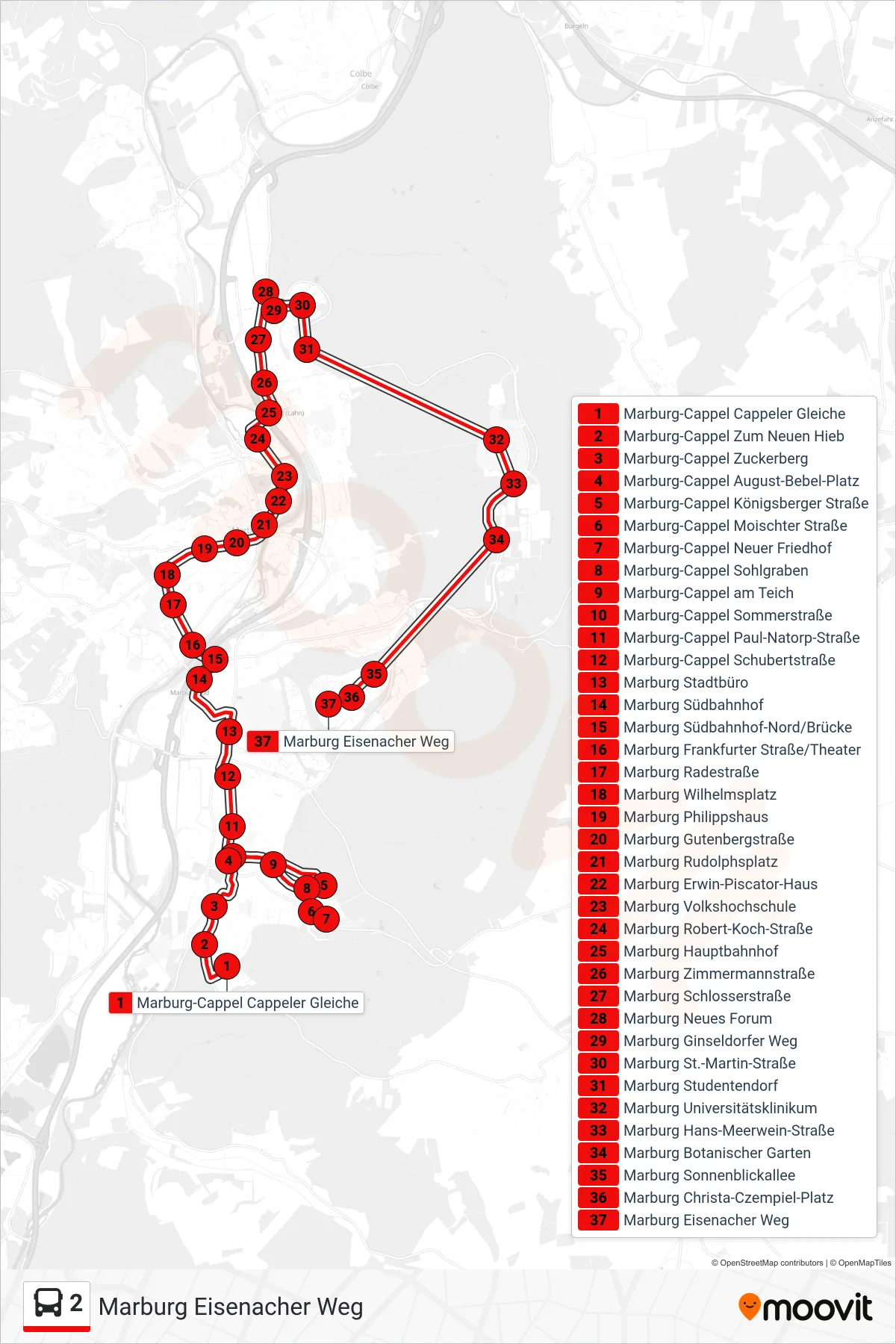 2 bus Line (Marburg Eisenacher Weg) route and stops on a map