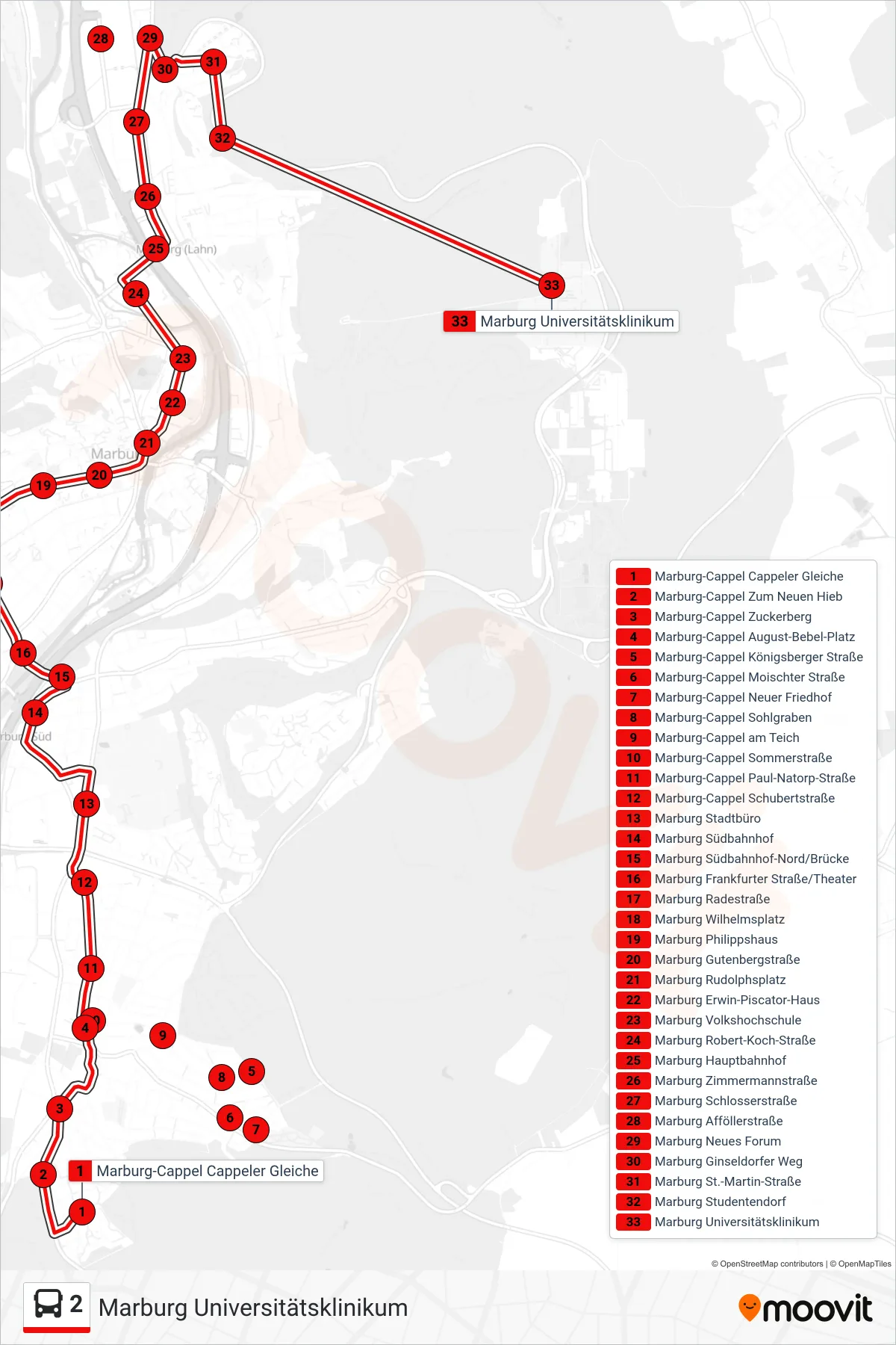 2 bus Line (Marburg Universitätsklinikum) route and stops on a map