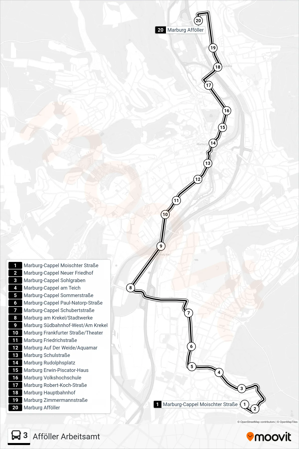 3 bus Line (Afföller Arbeitsamt) route and stops on a map