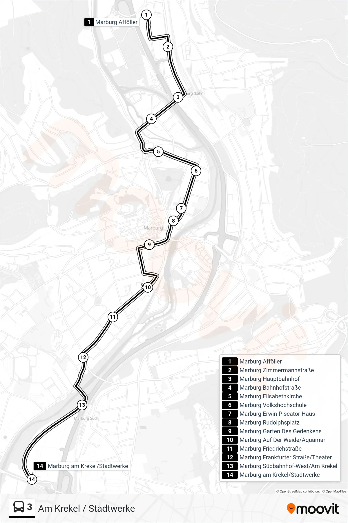 3 bus Line (Am Krekel / Stadtwerke) route and stops on a map