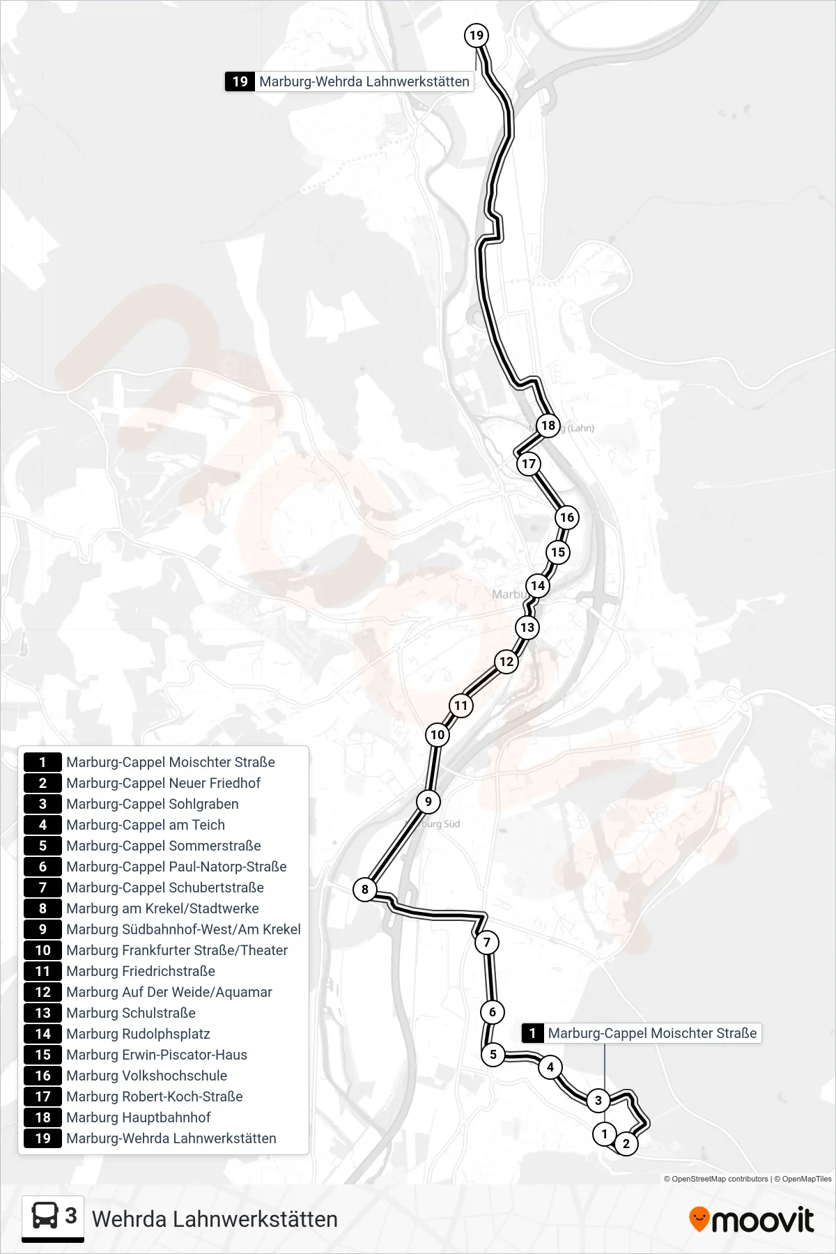 3 bus Line (Wehrda Lahnwerkstätten) route and stops on a map