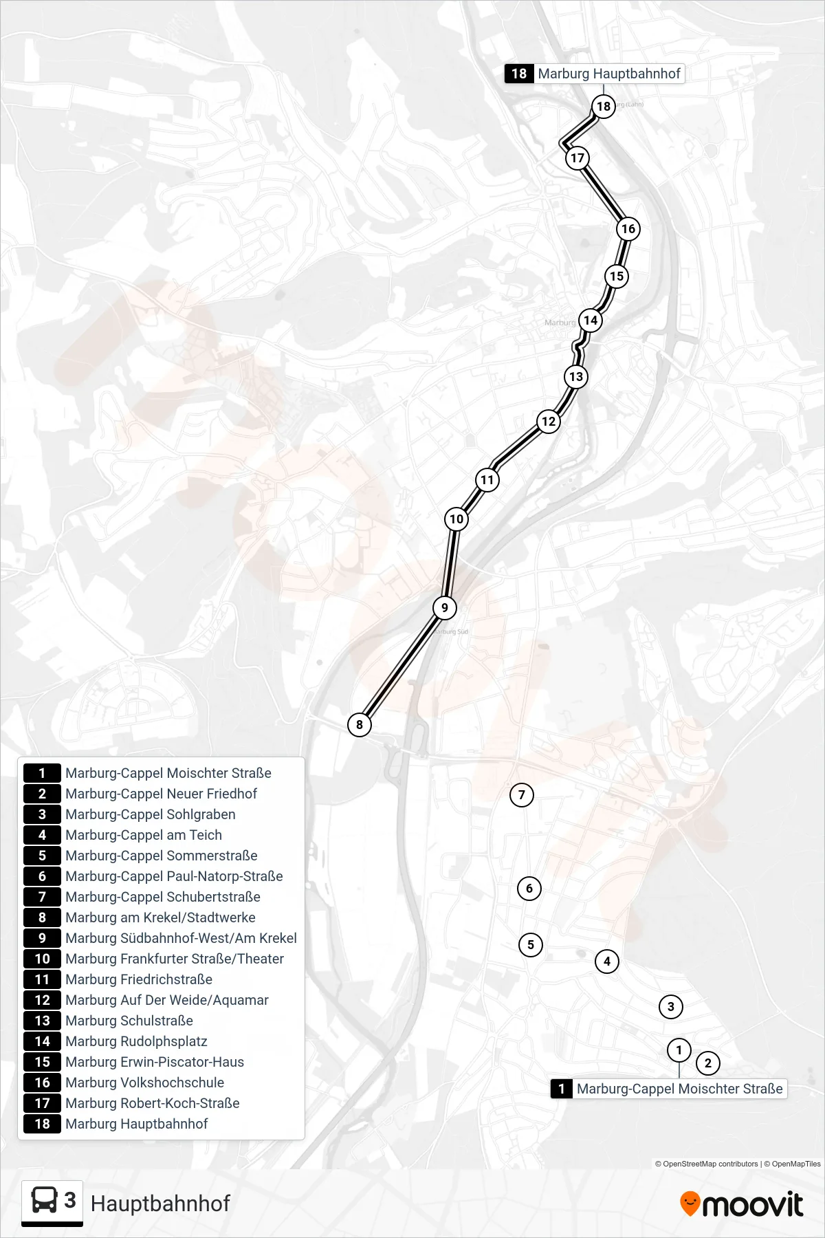 3 bus Line (Hauptbahnhof) route and stops on a map