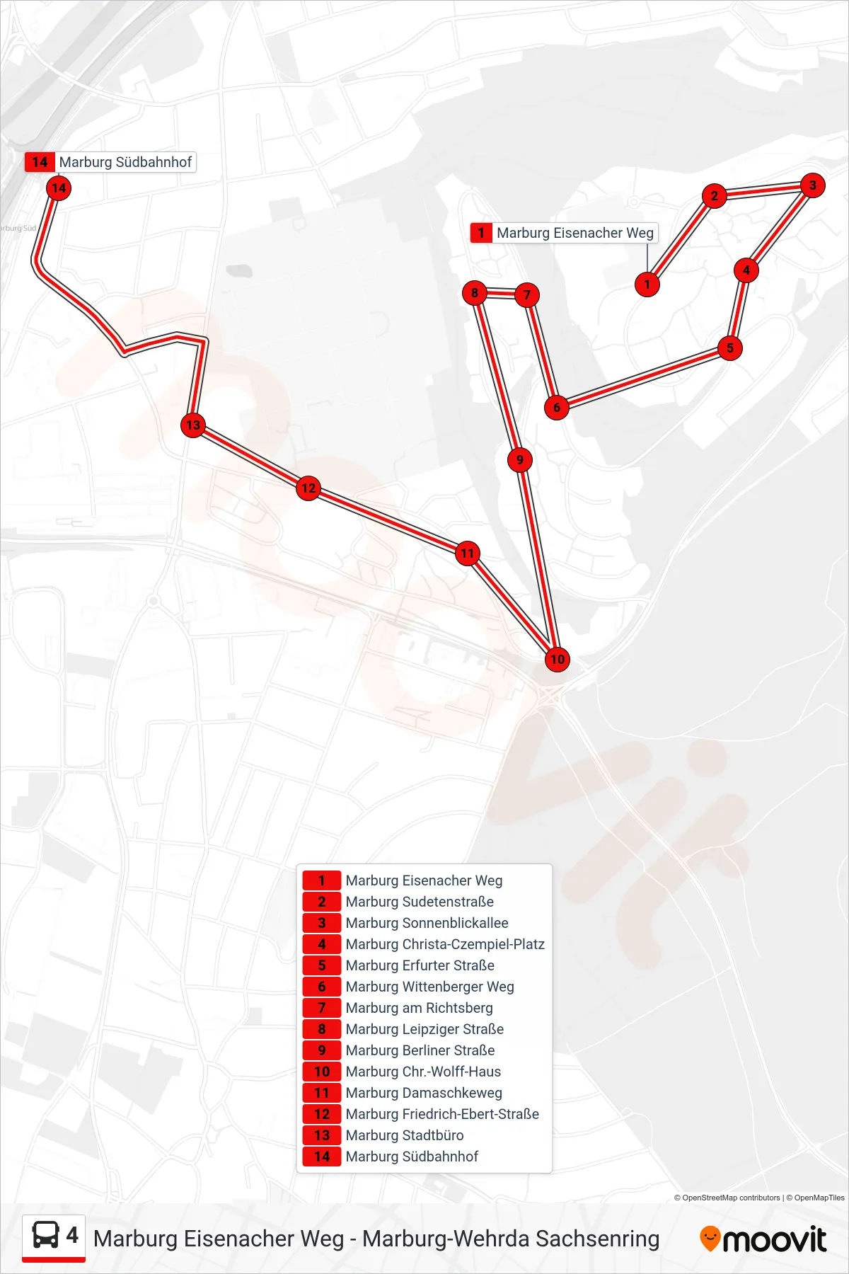 Linie 4 (Bus) Richtung Südbahnhof: Route und Haltestellen auf der Karte