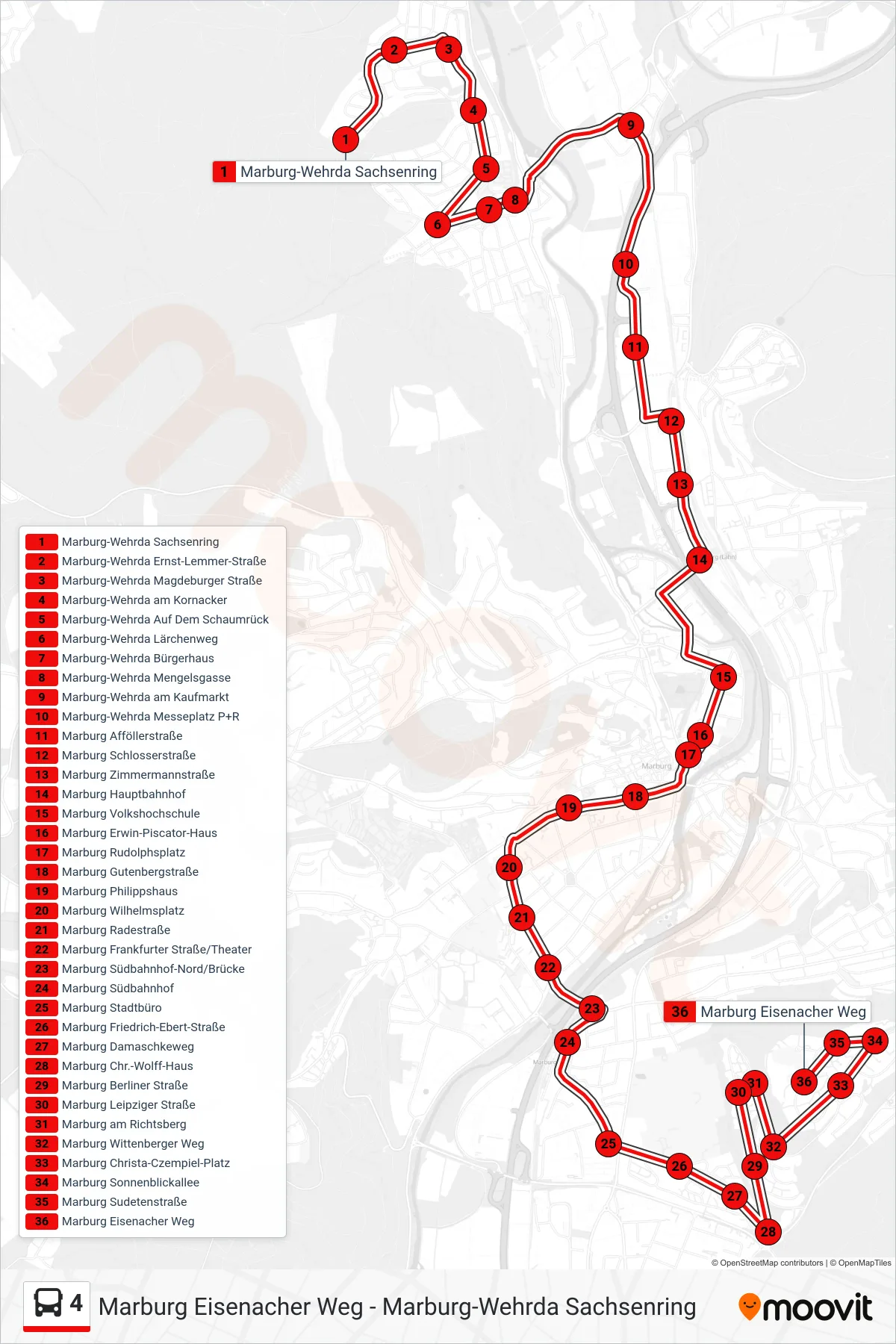 Linie 4 (Bus) Richtung Richtsberg Eisenacher Weg: Route und Haltestellen auf der Karte