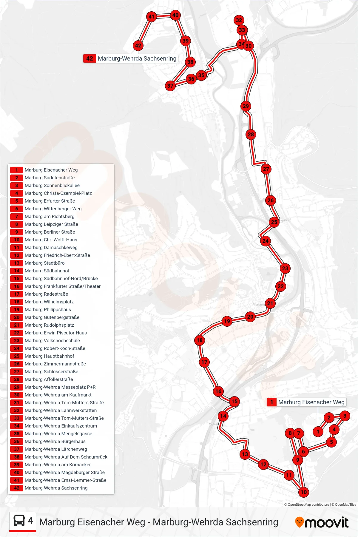 4 bus Line (Marburg-Wehrda Sachsenring) route and stops on a map