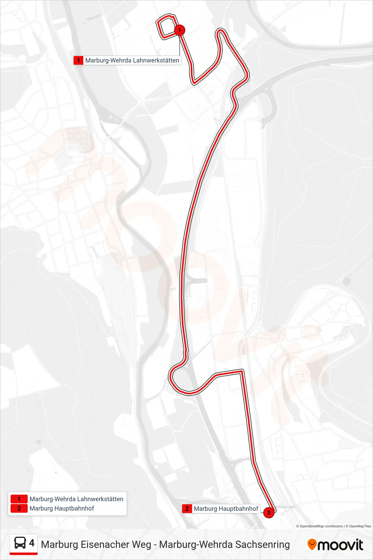 4 bus Line (Hauptbahnhof) route and stops on a map
