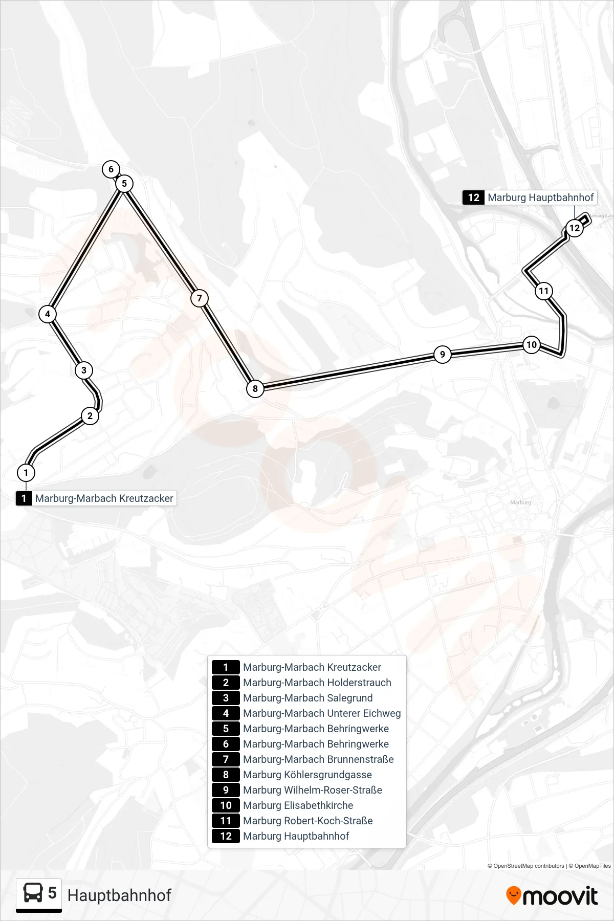 5 bus Line (Hauptbahnhof) route and stops on a map