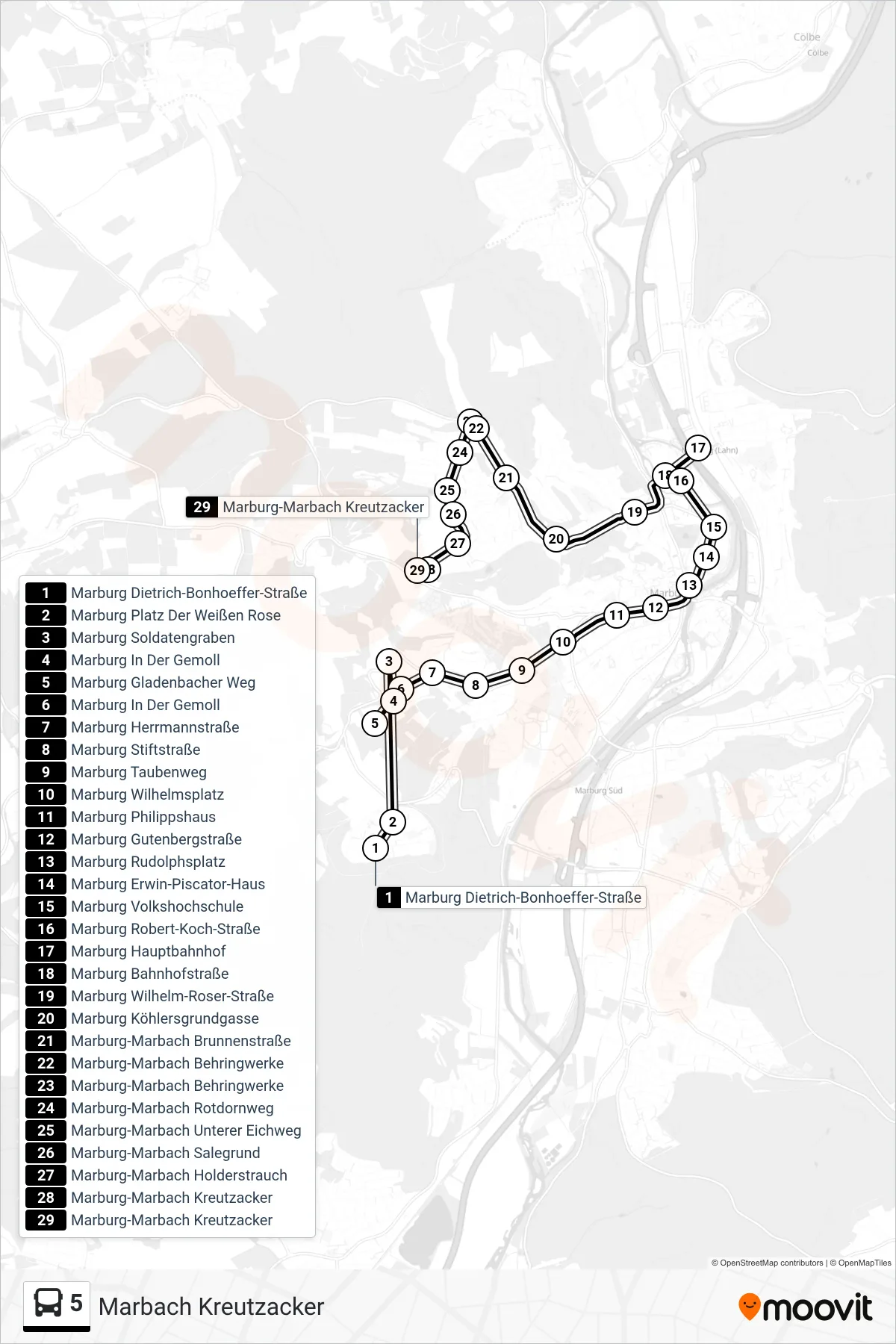5 bus Line (Marbach Kreutzacker) route and stops on a map