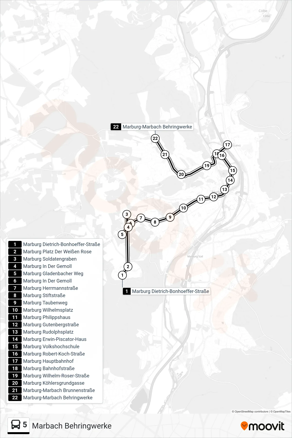 5 bus Line (Marbach Behringwerke) route and stops on a map