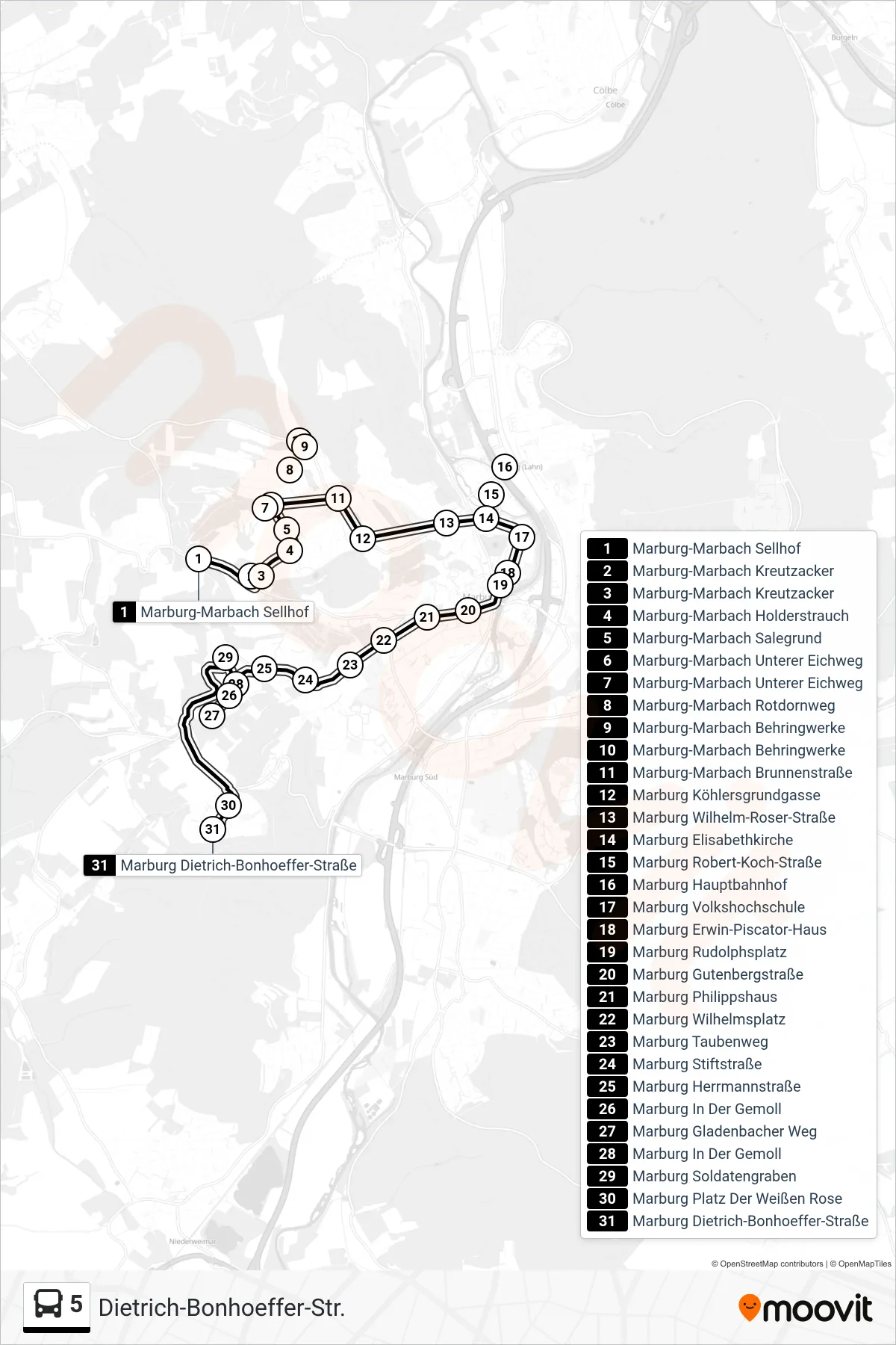 5 bus Line (Dietrich-Bonhoeffer-Str.) route and stops on a map