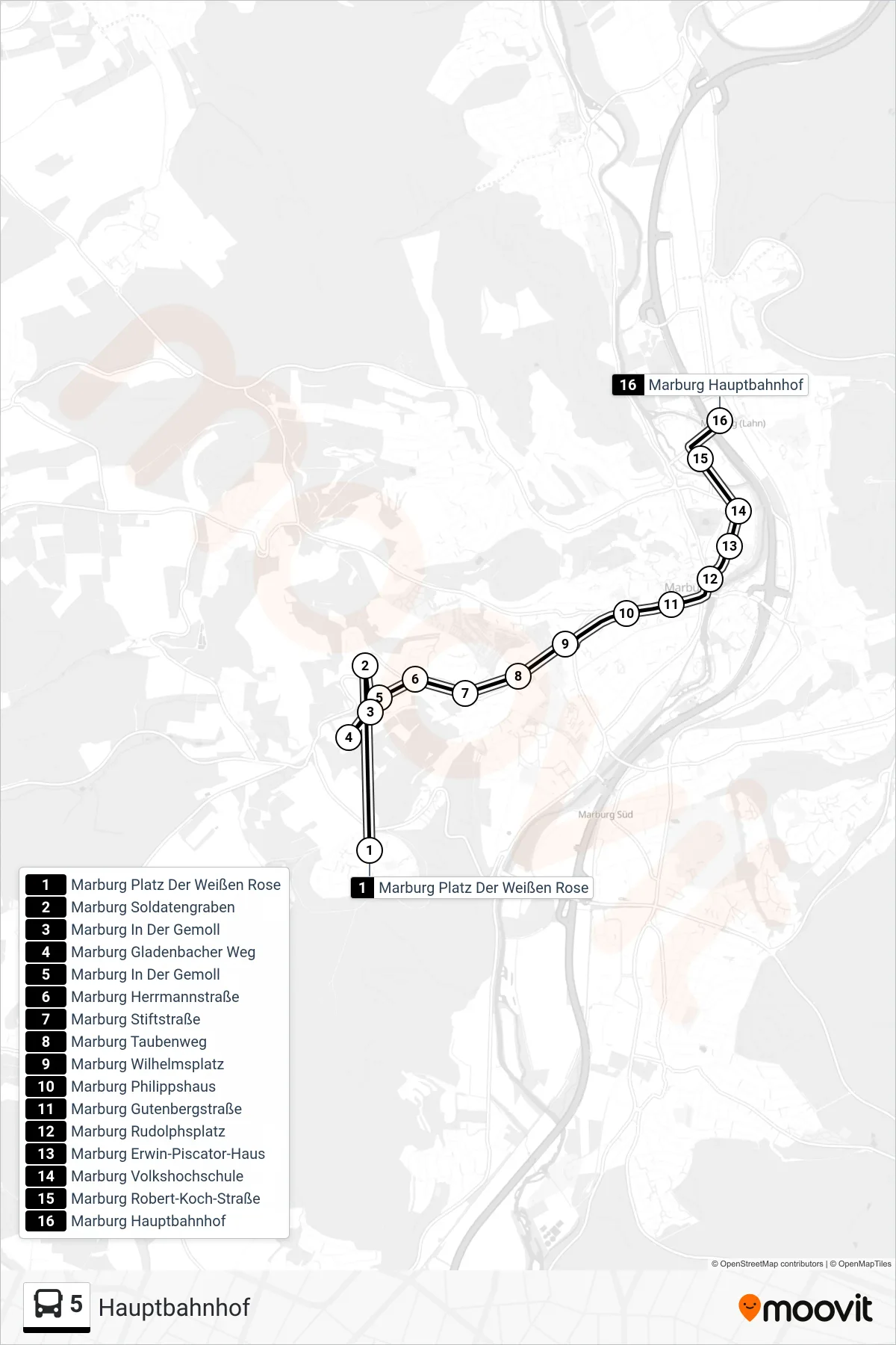 Linie 5 (Bus) Richtung Hauptbahnhof: Route und Haltestellen auf der Karte