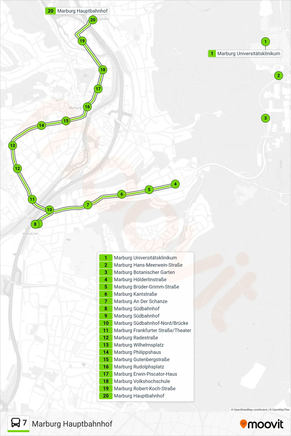 Linie 7 (Bus) Richtung Marburg Hauptbahnhof: Route und Haltestellen auf der Karte