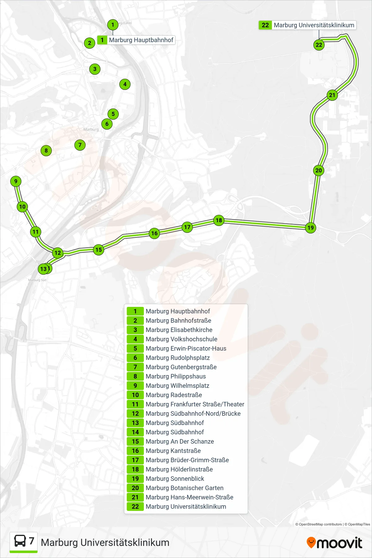 7 bus Line (Marburg Universitätsklinikum) route and stops on a map